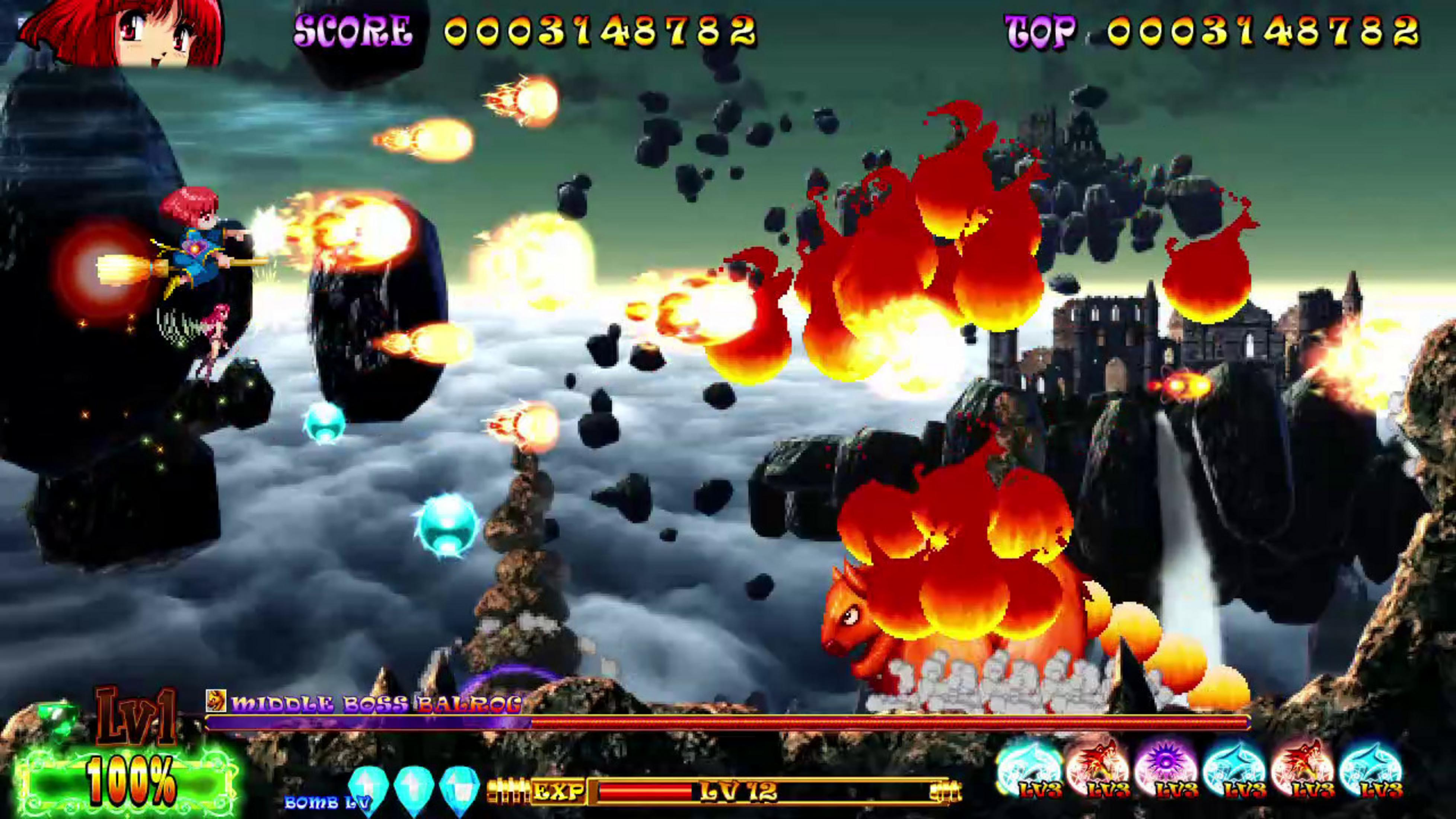 Un personaggio anime vola su una scopa, sparando a un boss di fuoco in un gioco.