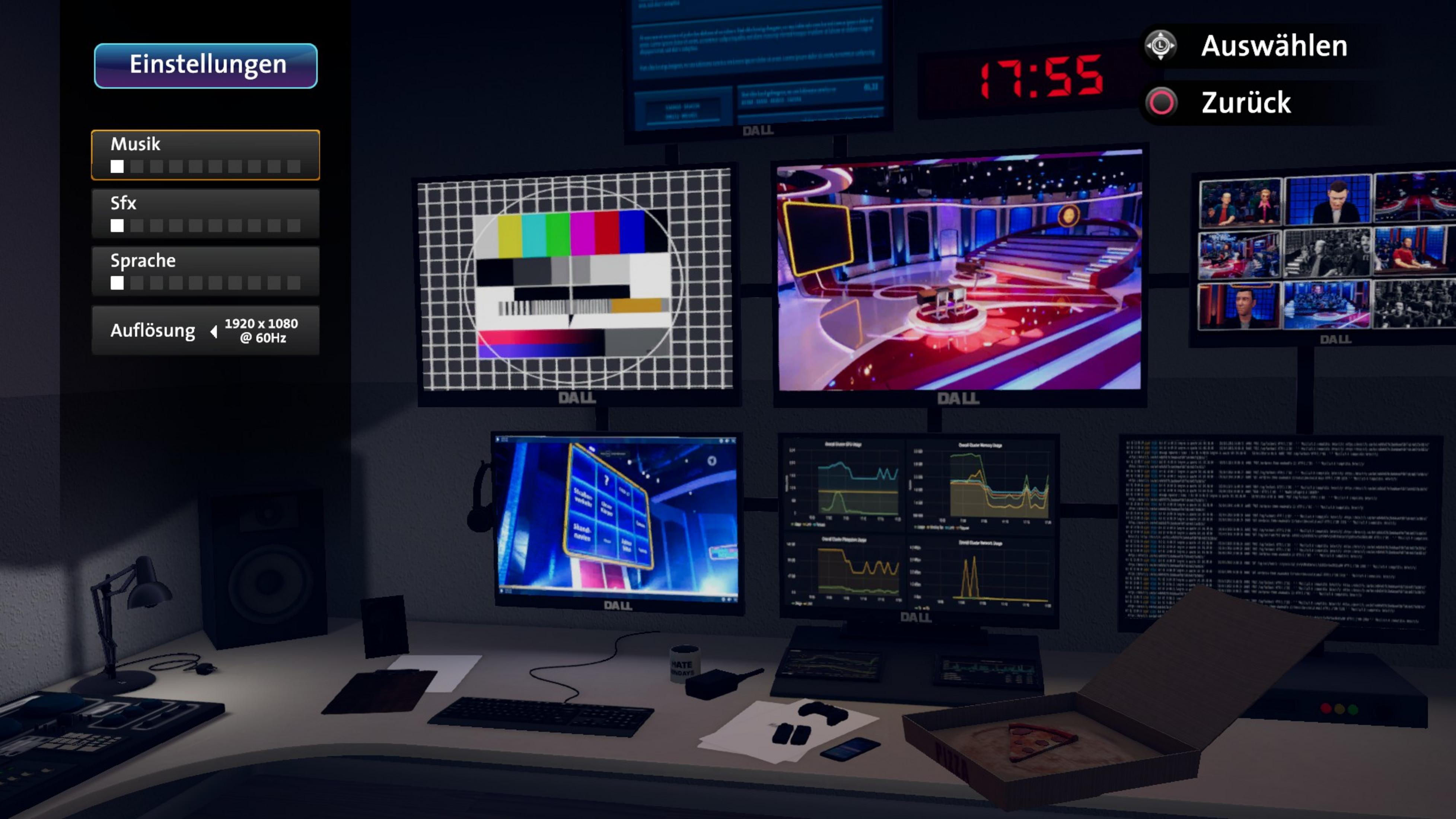 Ein Kontrollraum mit mehreren Monitoren, die eine Sendezentrale, Testbilder und Daten anzeigen.