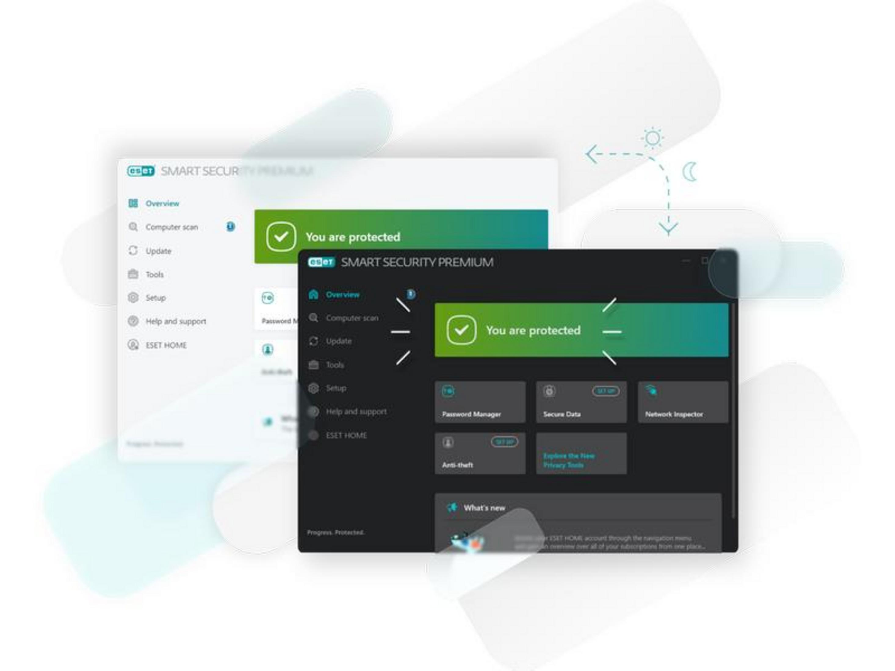 ESET SMART SECURITY PREMIUM mostra "Sei protetto" con opzioni di menu.