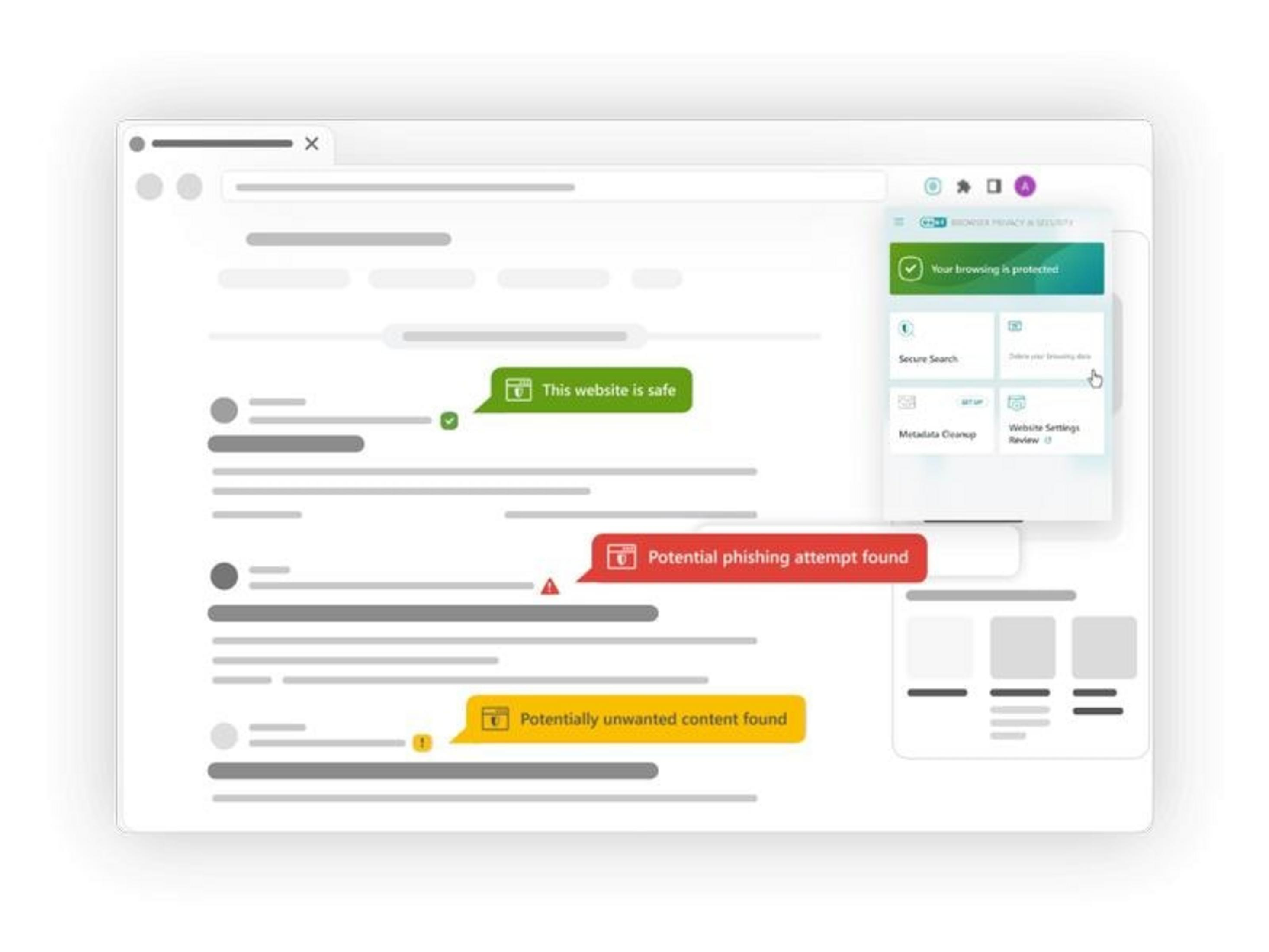 Finestra del browser mostra avvisi: sicuro, tentativo di phishing, contenuto indesiderato.