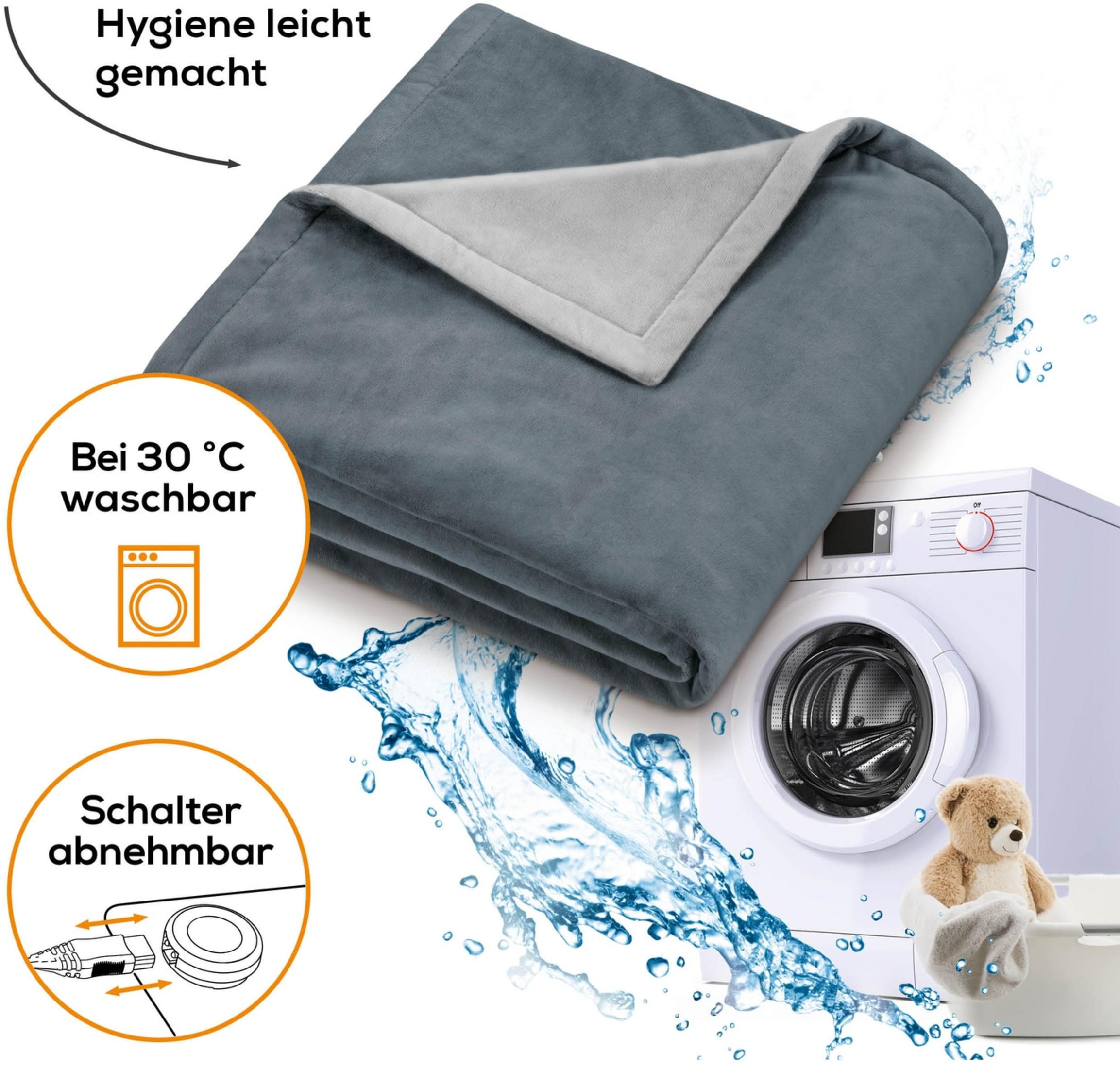 A gray plush blanket with a washing machine and water splashes.