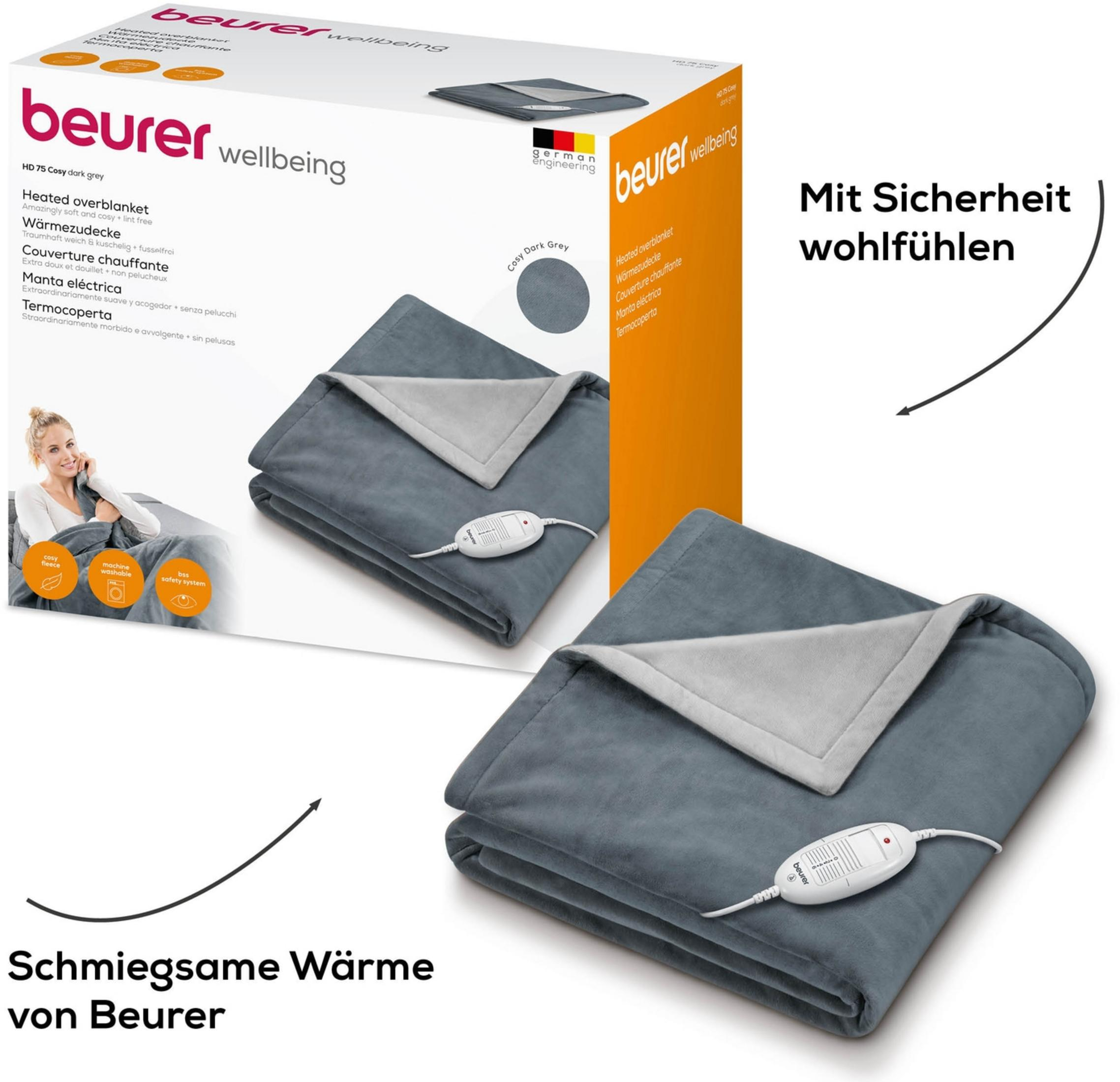 A dark grey Beurer heated blanket with controller lies on a blanket.