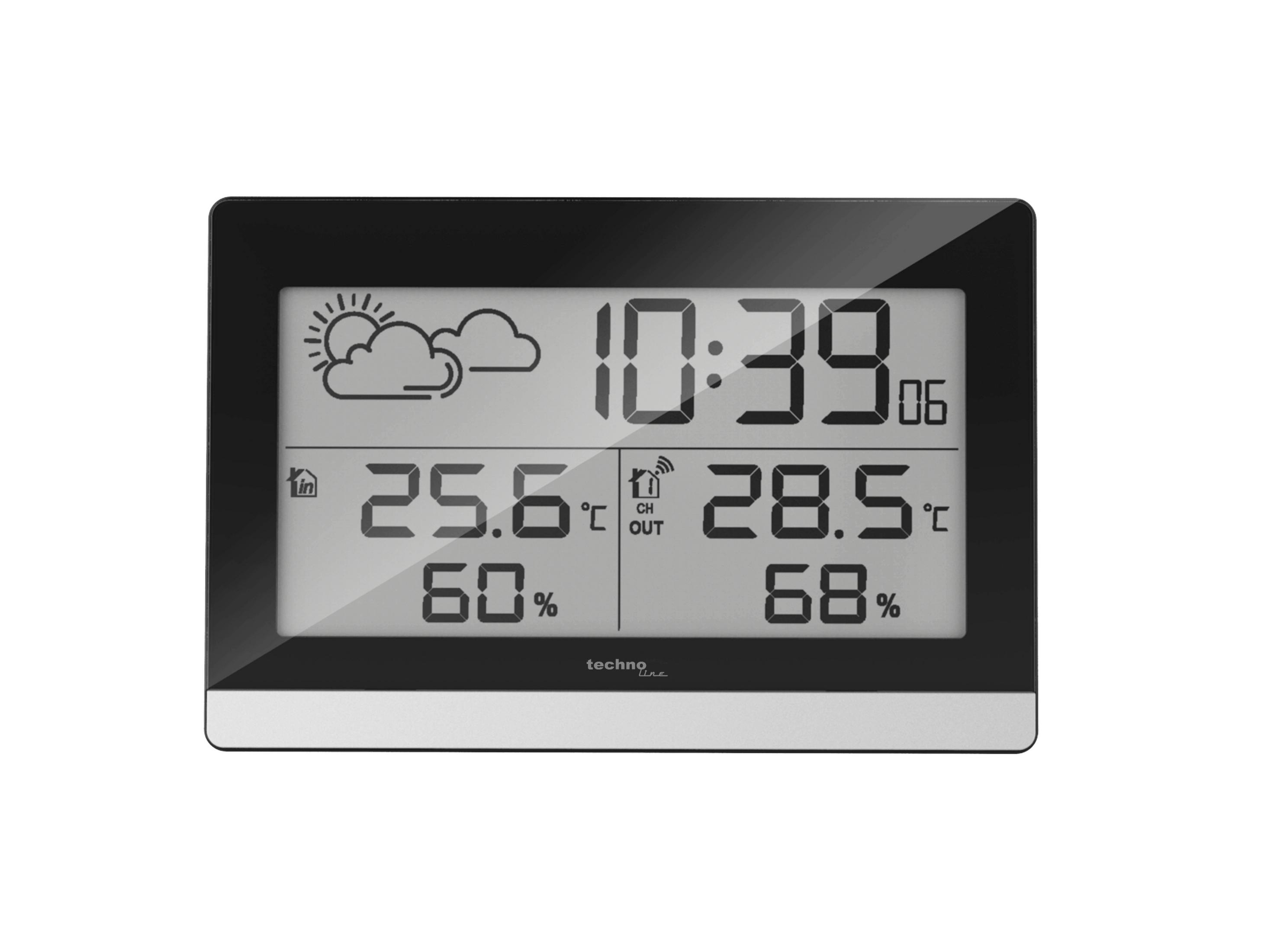 Zegar cyfrowy pokazuje 10:39, temp. wewn. 25.6°C, zewn. 28.5°C.