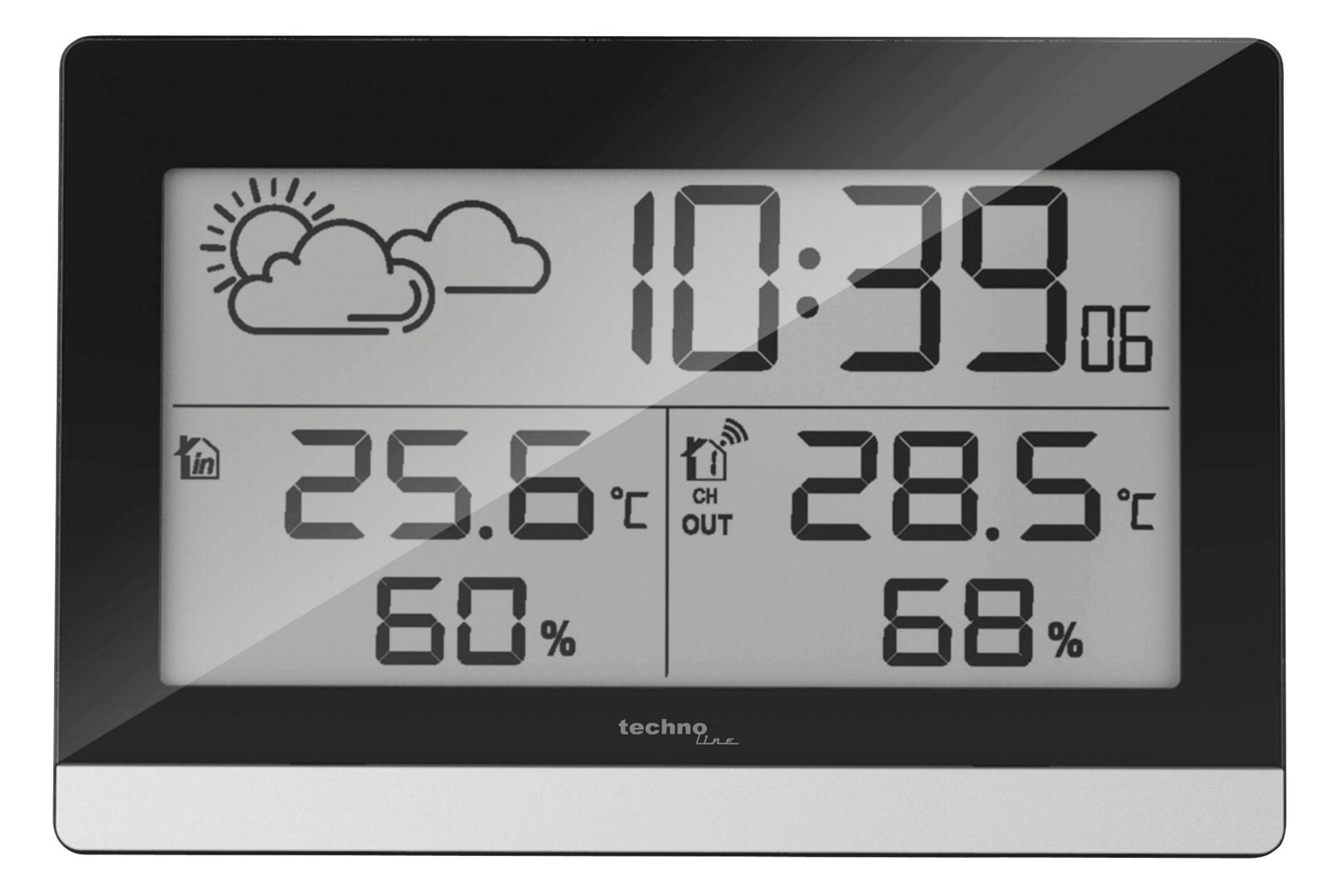 Cyfrowa stacja pogodowa pokazuje 10:39, 25.6°C wewn., 28.5°C zewn., 60% wewn., 68% zewn.