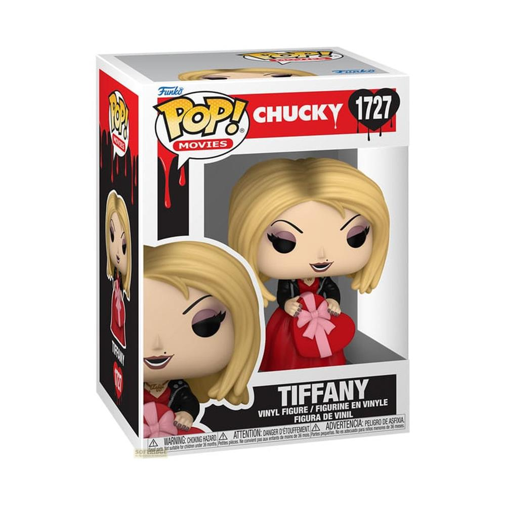 Figurka Funko Pop Tiffany w pudełku, w czerwonej sukience, trzyma pudełko serce.
