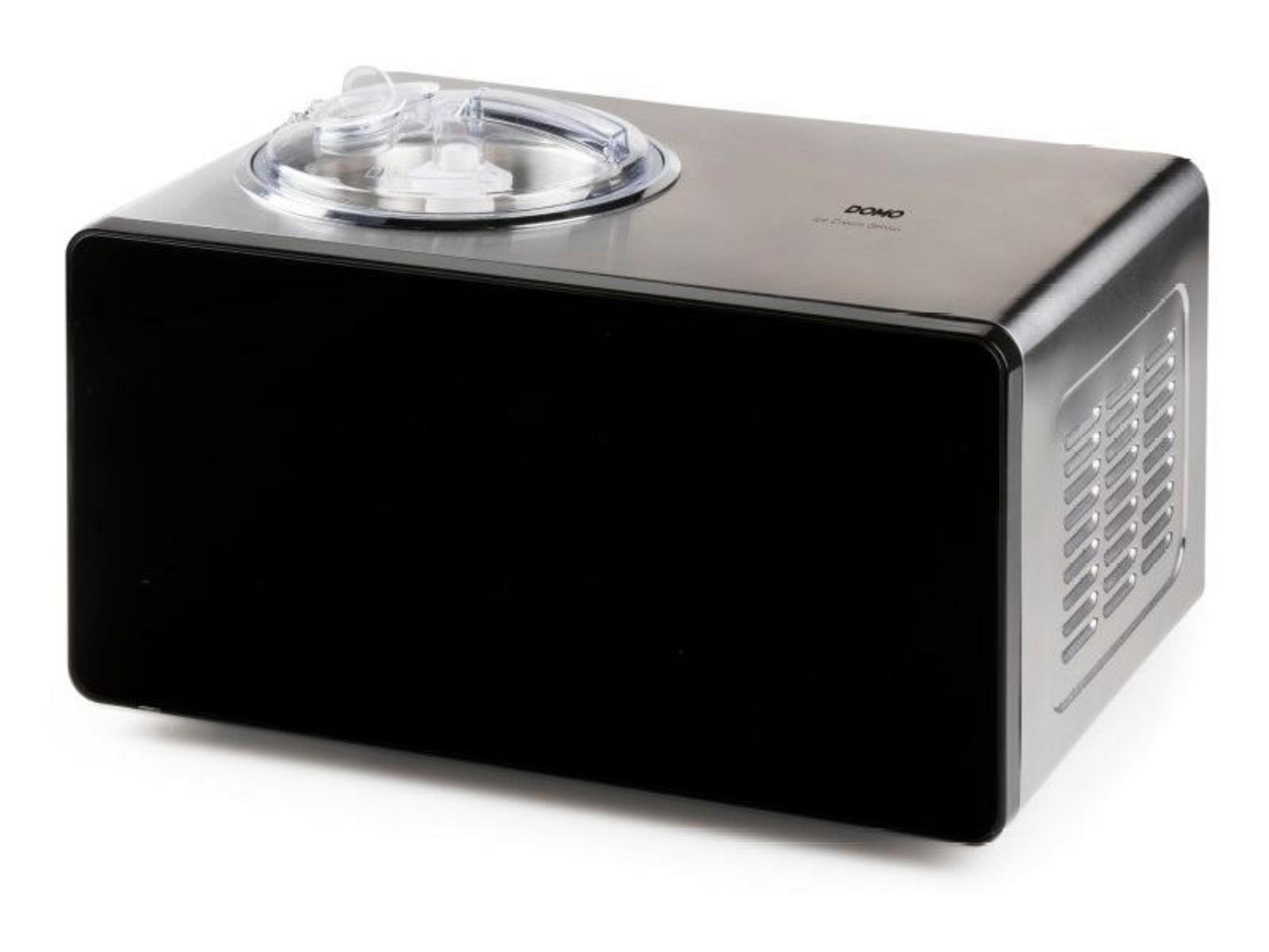 Srebrna maszyna do lodów z czarnym przodem i przezroczystą pokrywą.