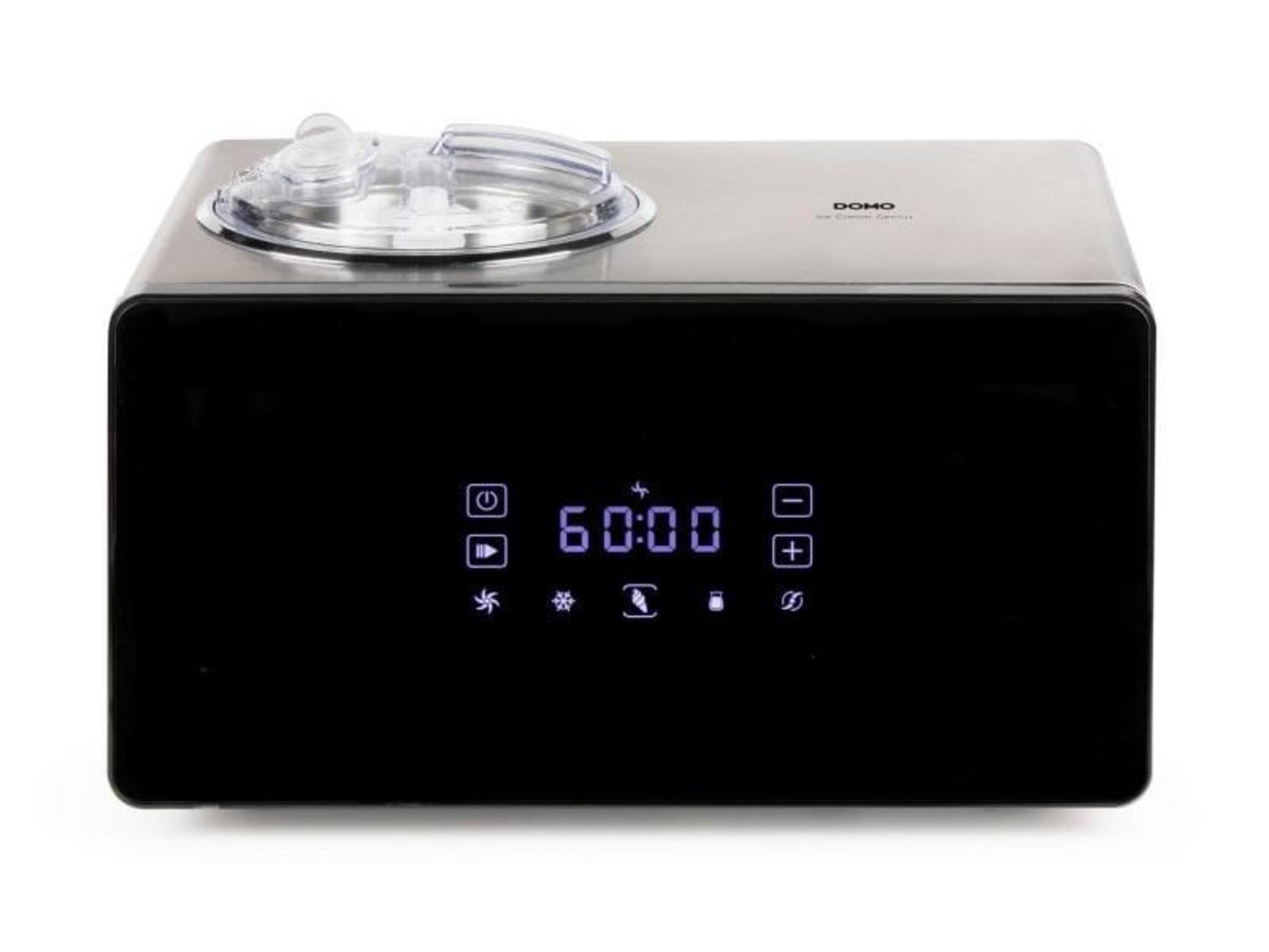 Srebrna maszynka do lodów z czarnym frontem i cyfrowym wyświetlaczem.