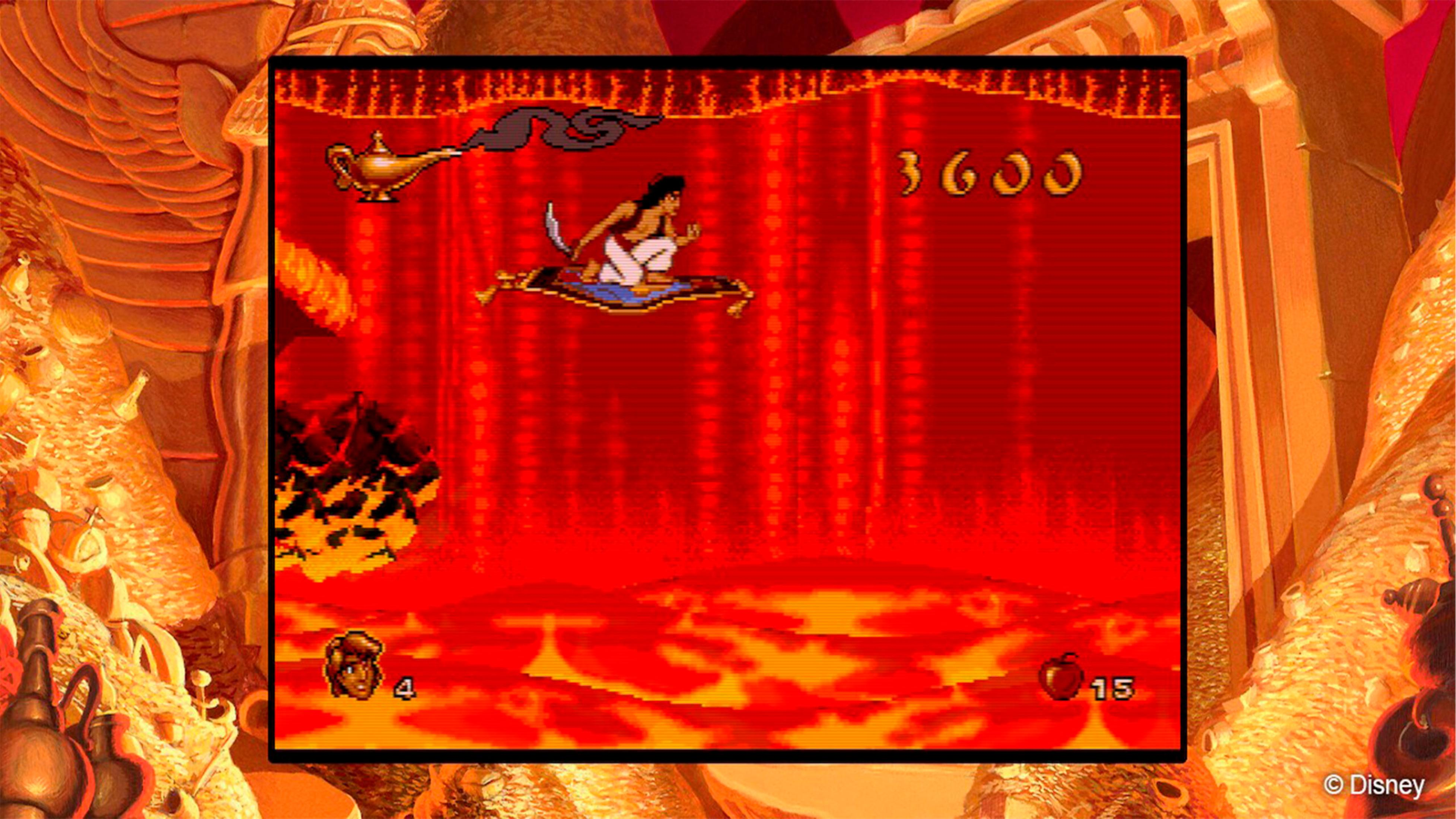 Aladdin monte un tapis volant, une lampe flotte au-dessus de lui.