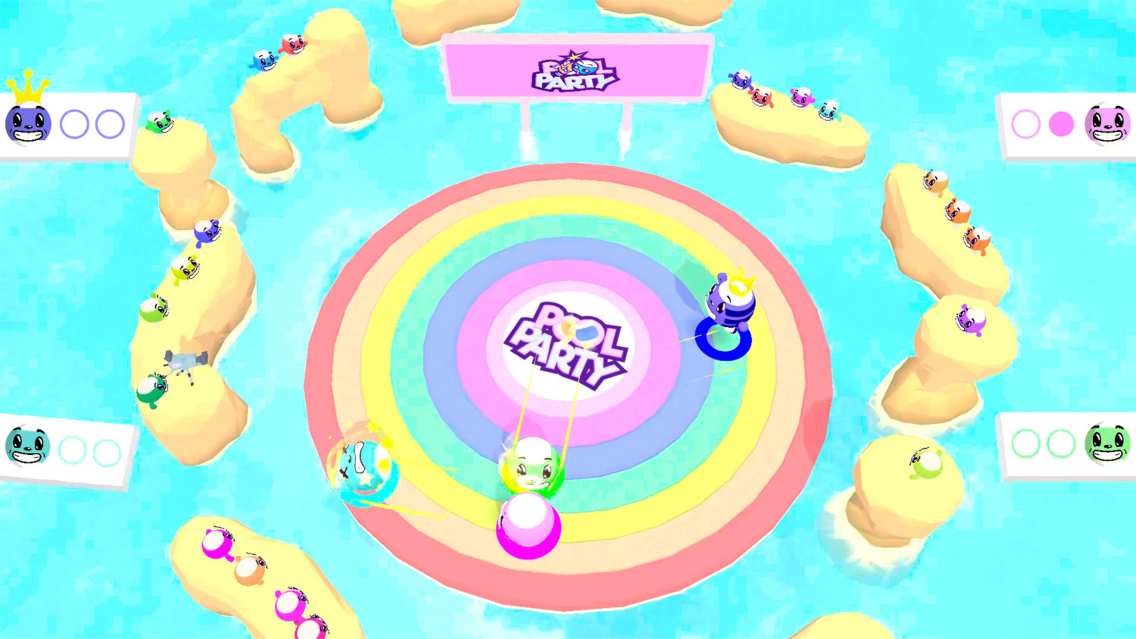Bunte Charaktere auf Inseln um einen Pool Party-Bereich mit Regenbogen-Design.