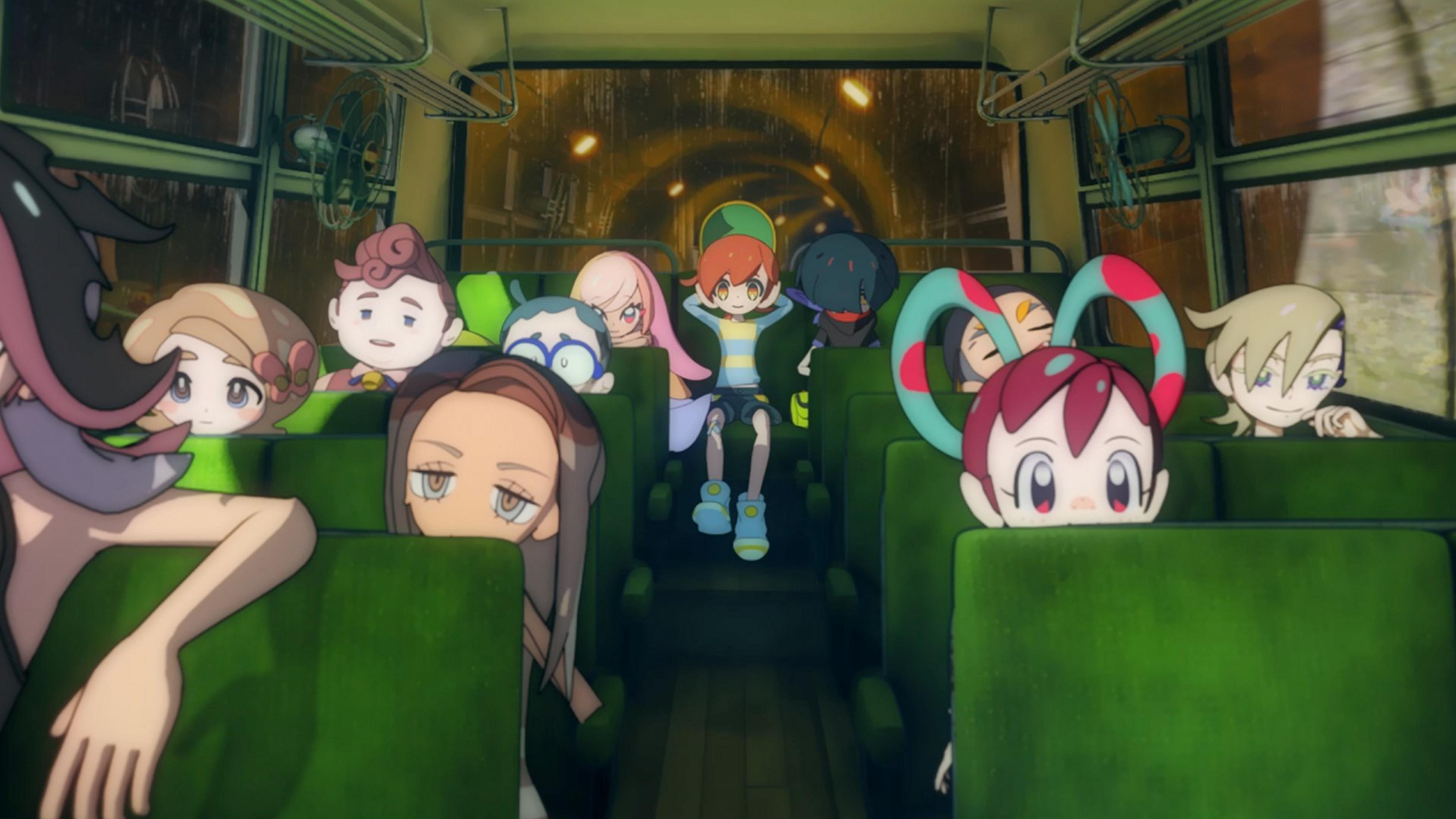 Anime-Kinder sitzen in einem grünen Zug, der durch einen dunklen Tunnel fährt.