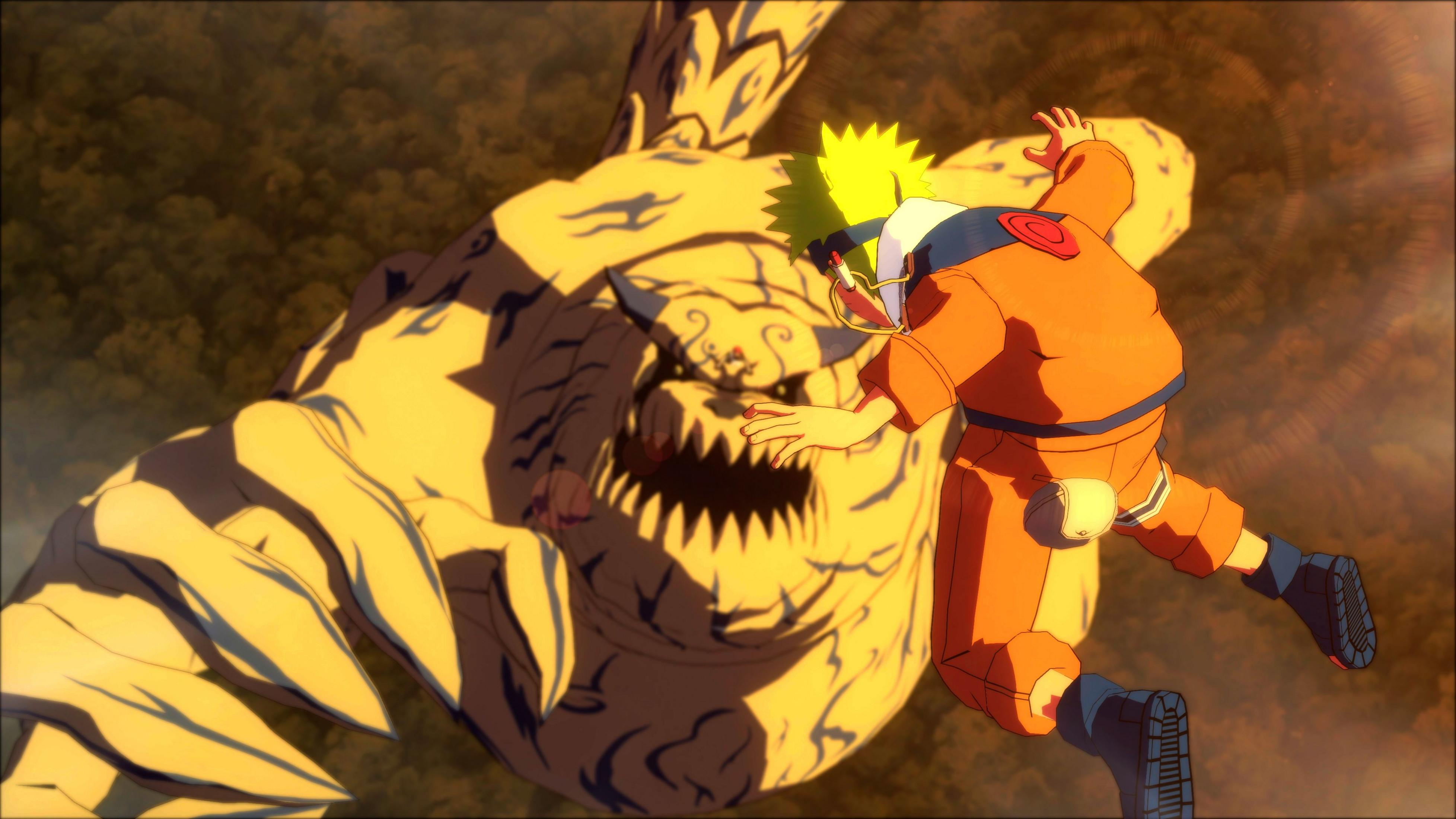 Naruto in arancione combatte una creatura gialla gigante con segni scuri.