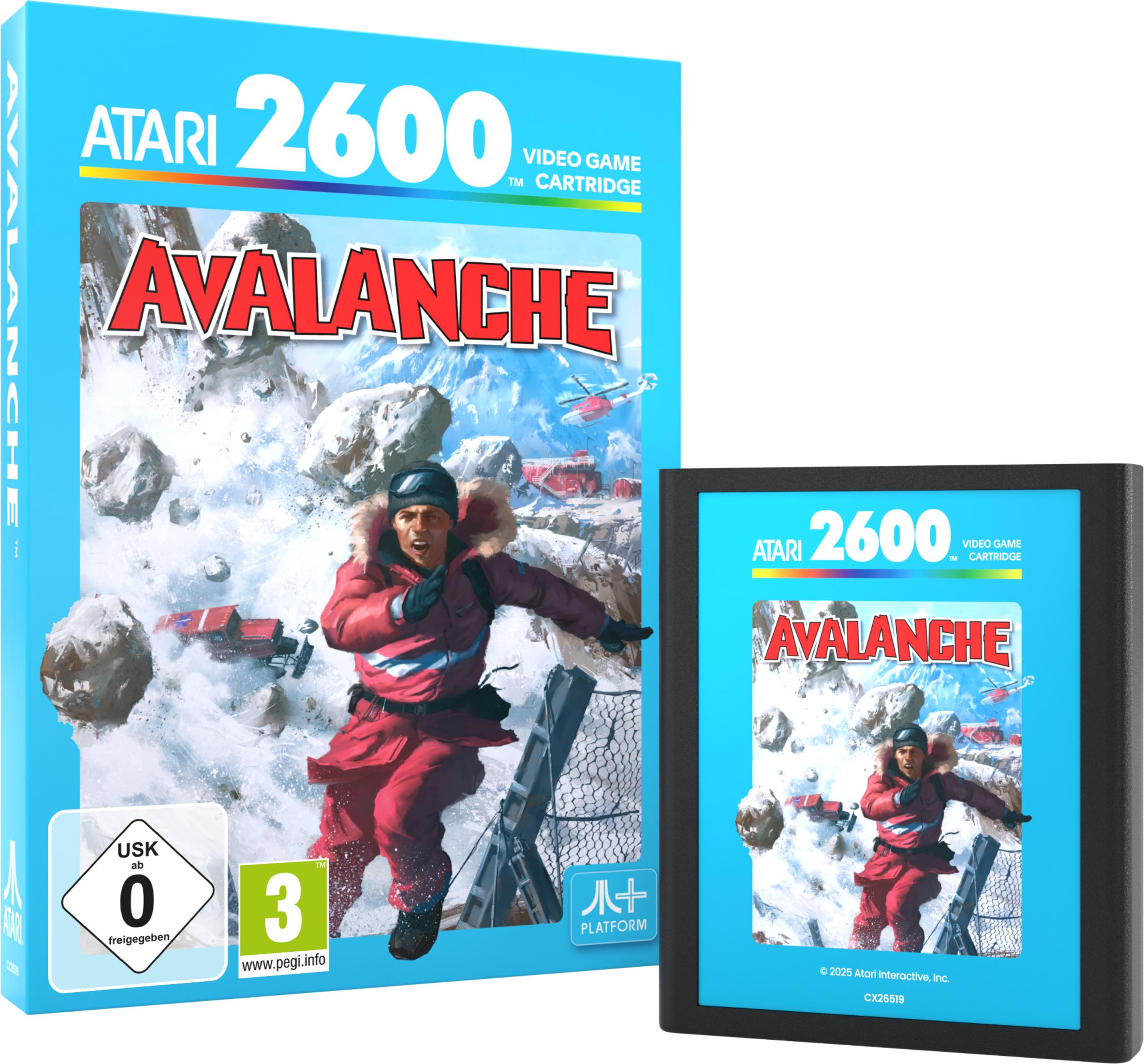 Mężczyzna w czerwonym ubraniu ucieka przed lawinami, pudełko i kartridż gry Atari 2600.