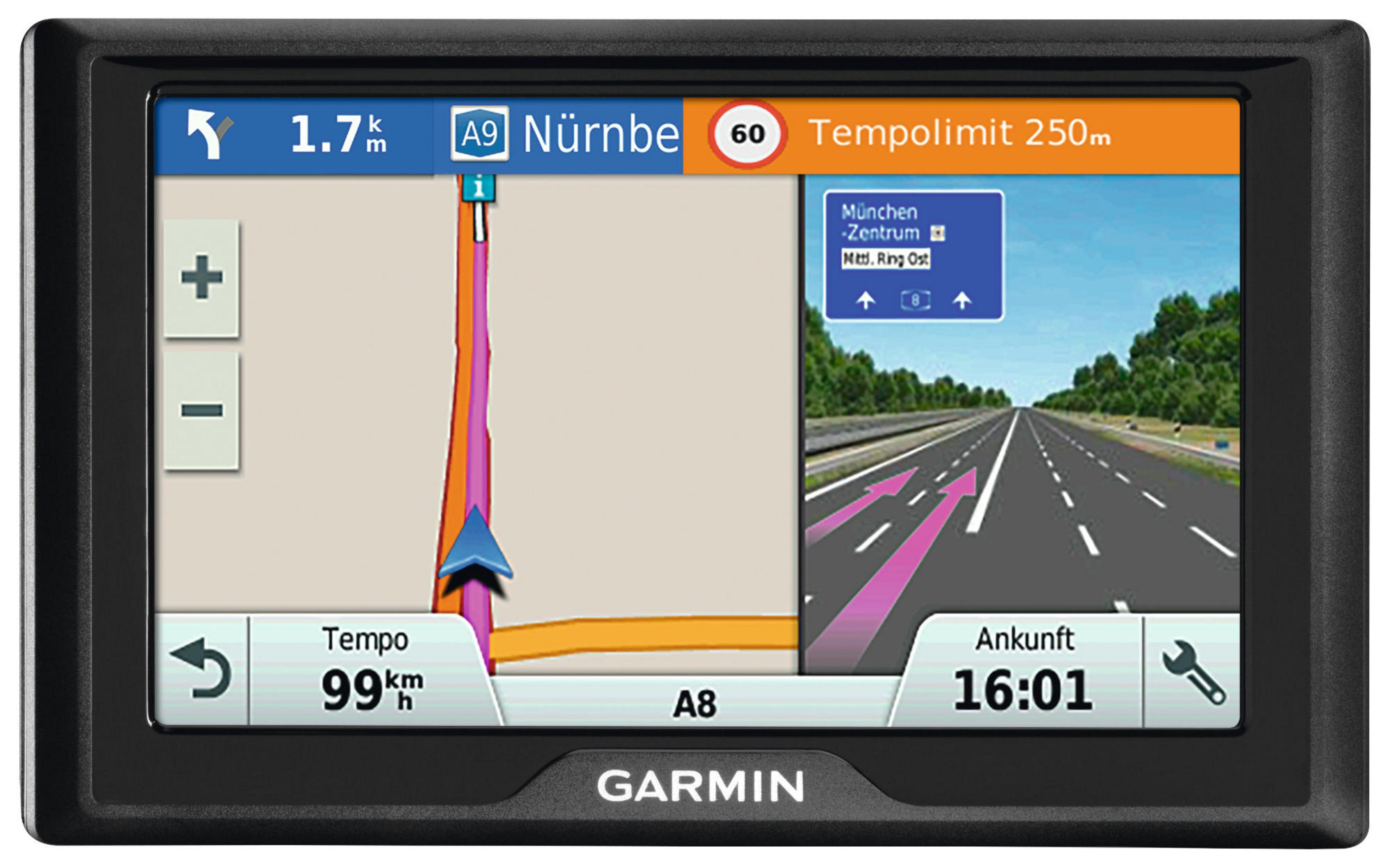 Navigationsgerät zeigt Autobahn A9 Nürnberg, 60km/h Limit, Ankunftszeit 16:01.