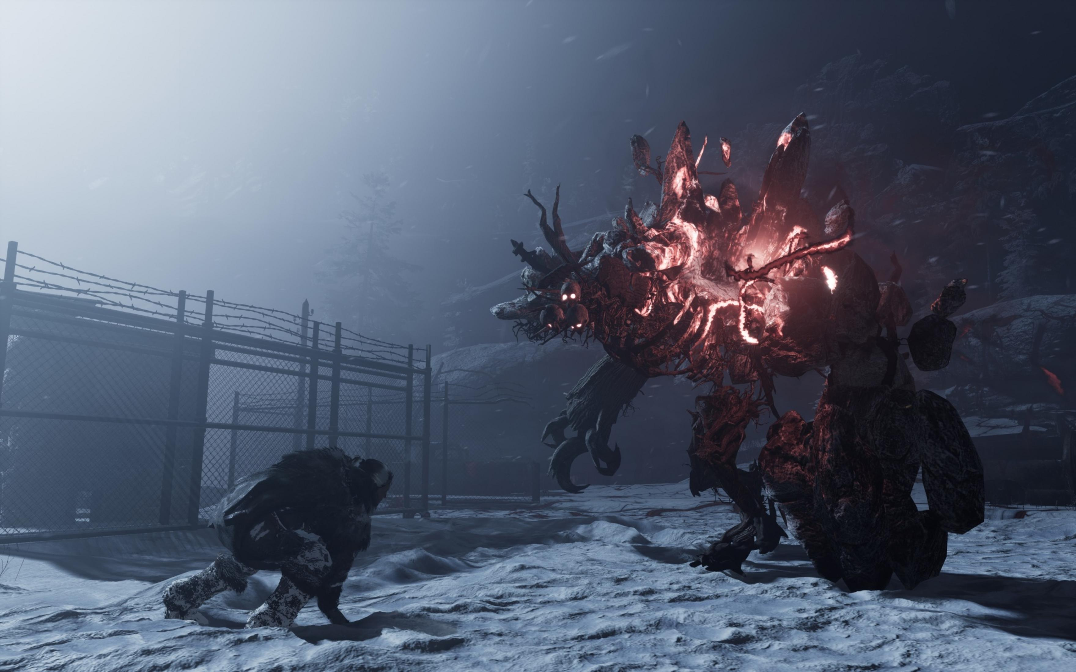 Ein Werwolf steht einem glühenden Monster im Schnee gegenüber.