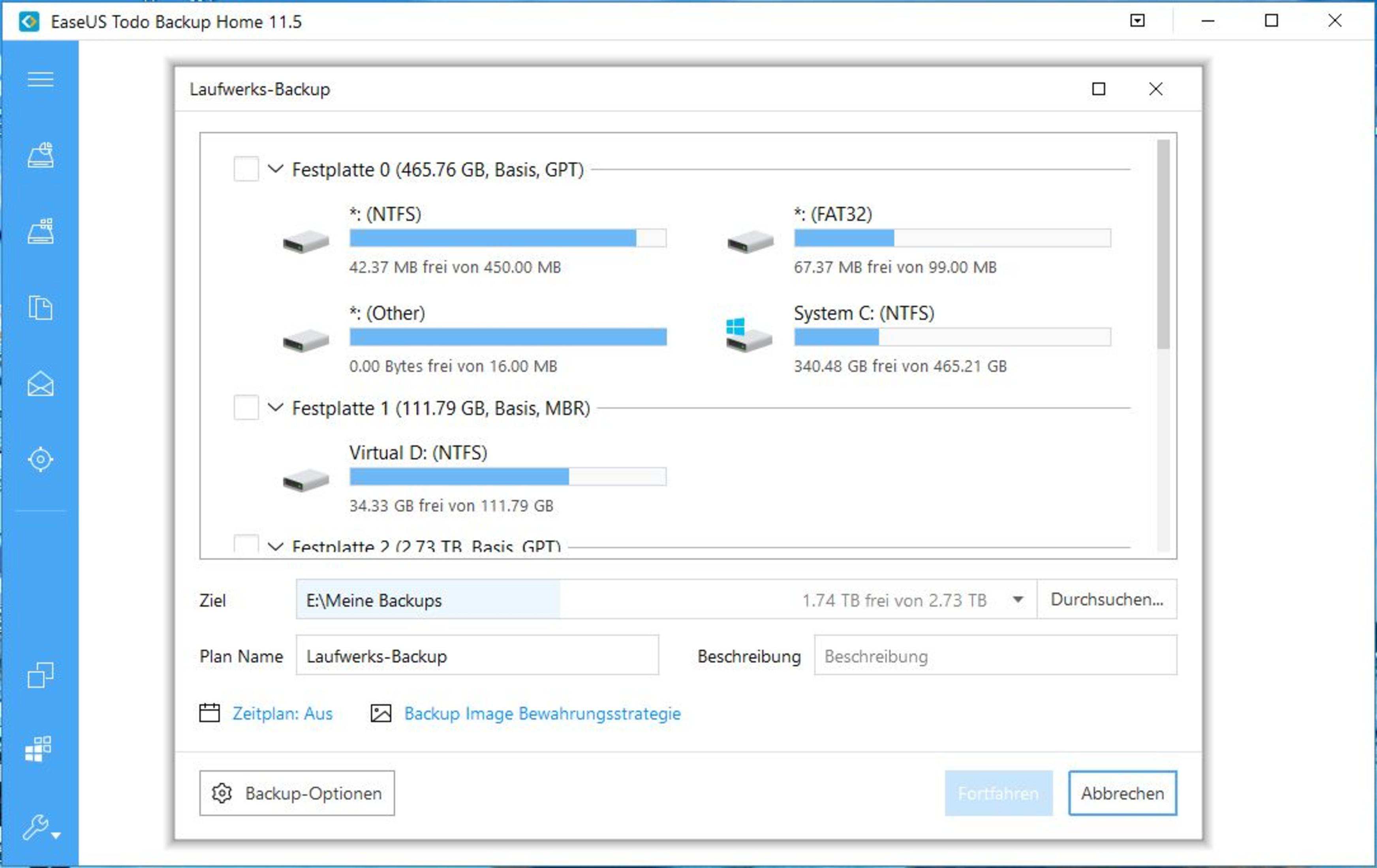 EaseUS Todo Backup zeigt Laufwerksinformationen und Speicherplatz an.