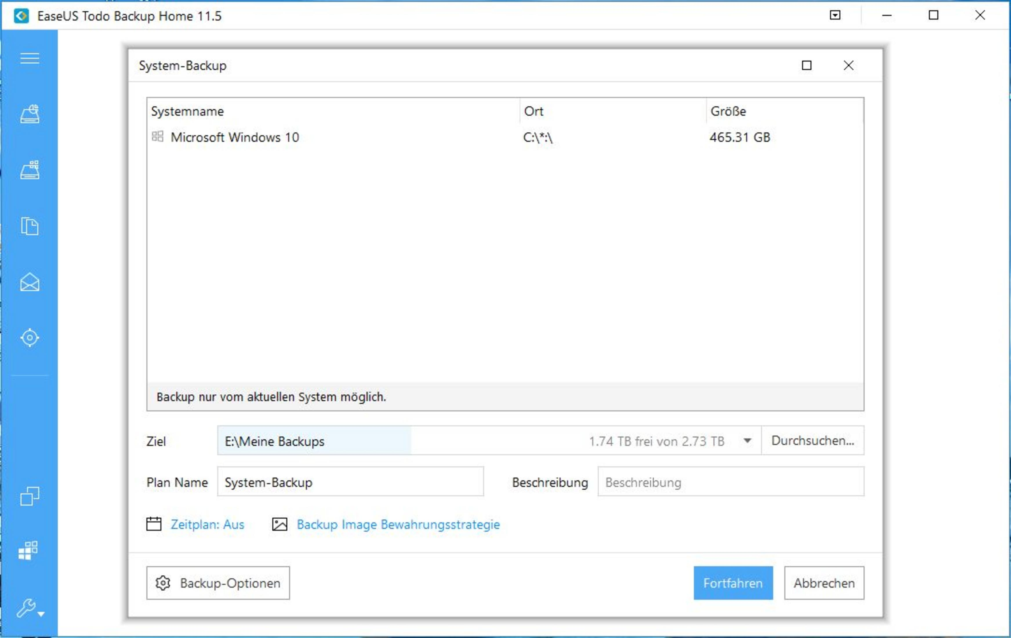 EaseUS Todo Backup: System-Backup-Fenster mit Windows 10, Speicherort und Größe.