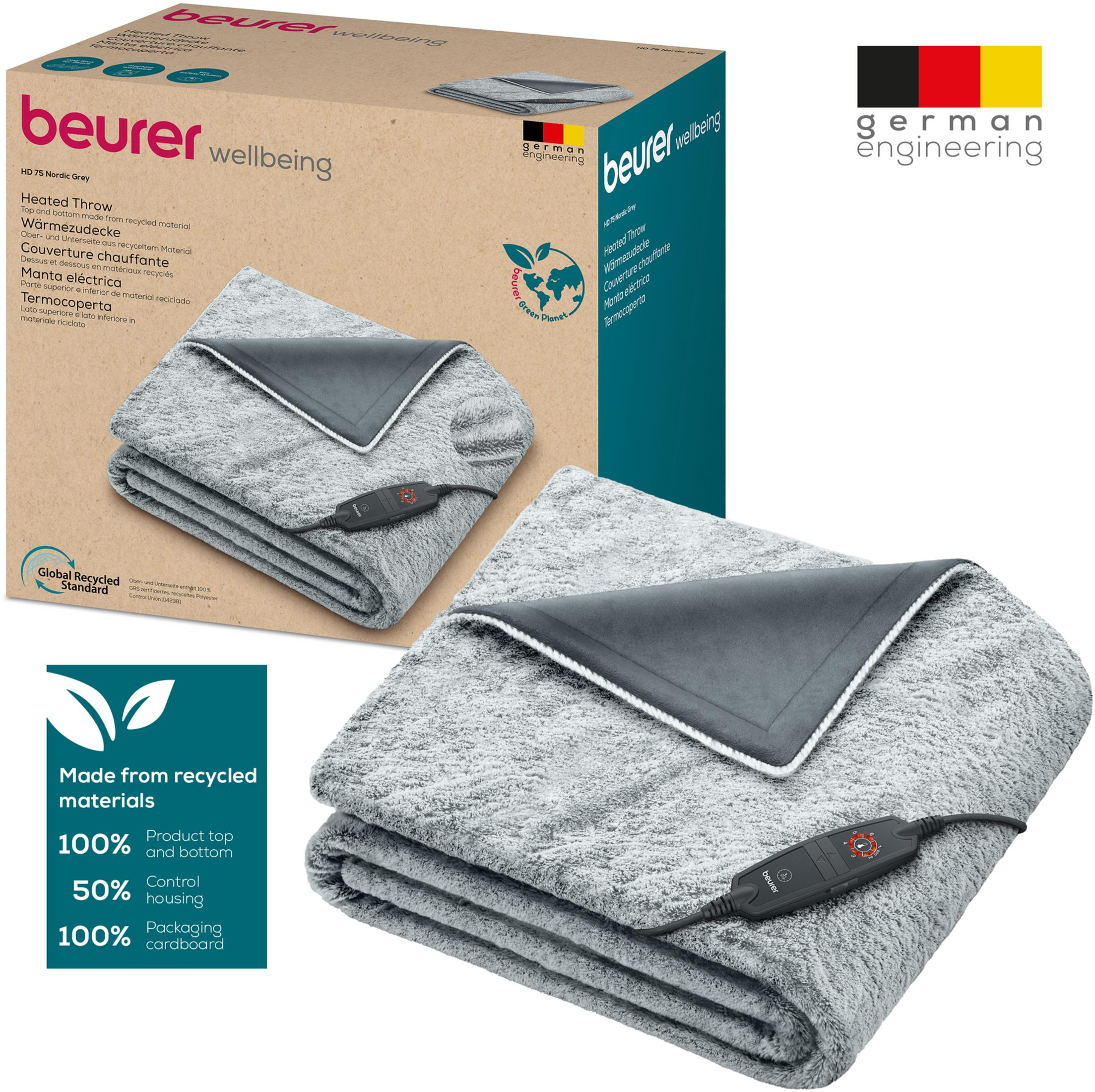Grauer Beurer Heizwickel aus recyceltem Material mit Fernbedienung.