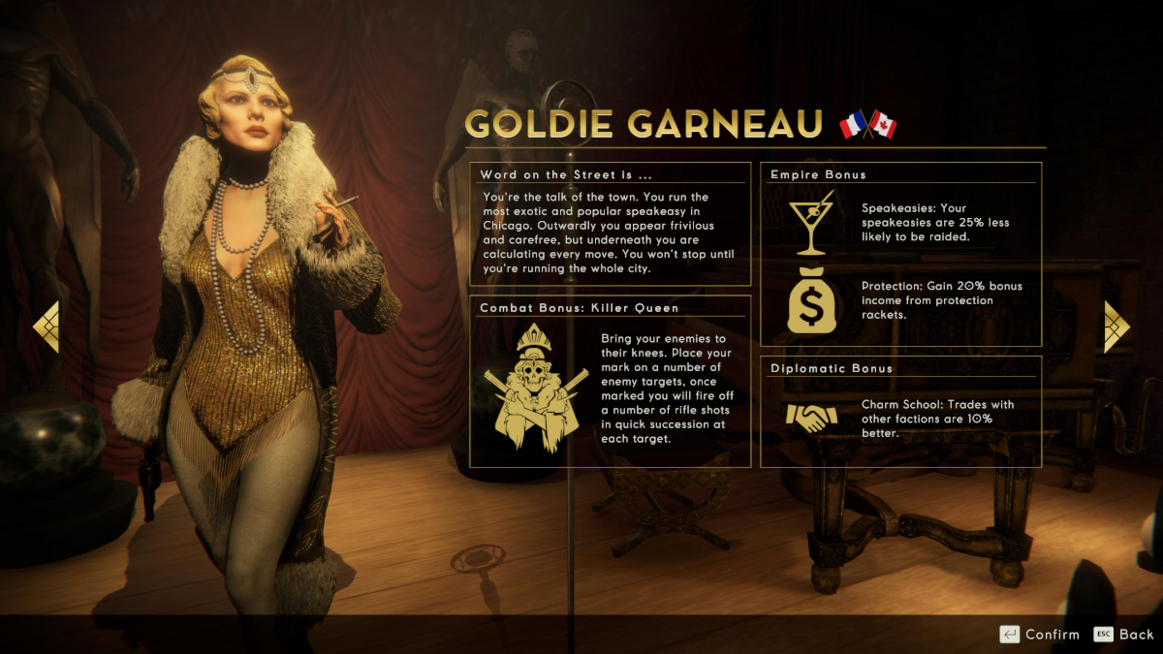 Goldie Garneau w stroju flapper, futrzanym płaszczu, z papierosem.