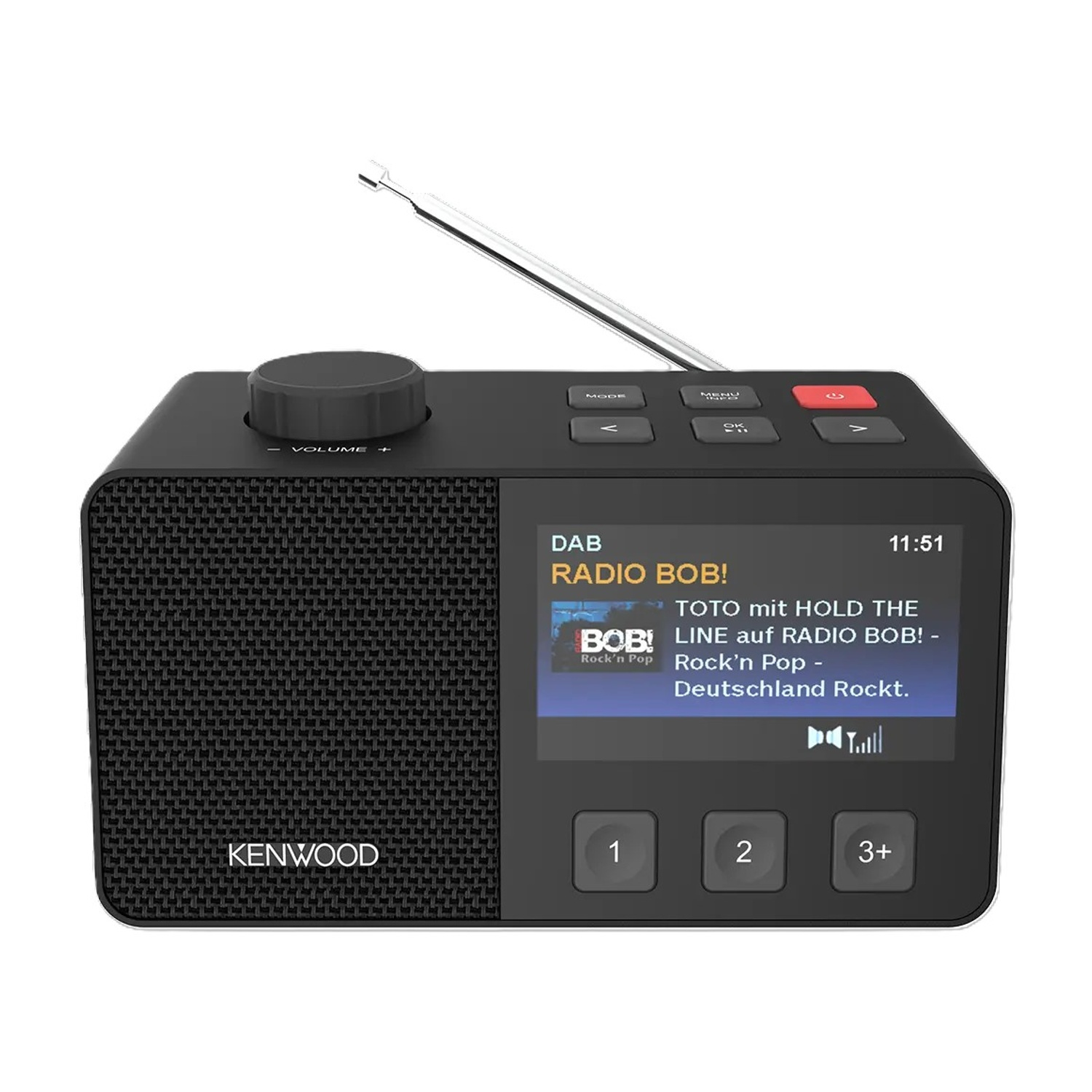 Ein schwarzes Kenwood DAB+ Radio mit Bildschirm, der 