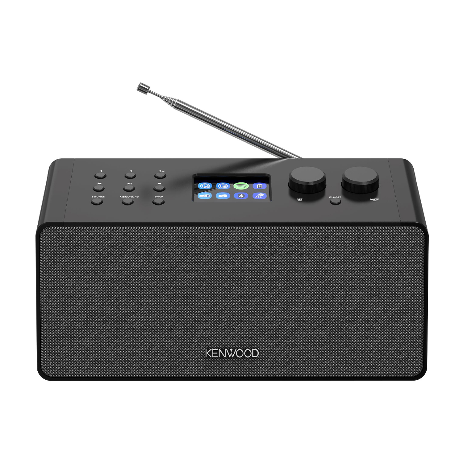 Ein schwarzer Kenwood Radio mit Antenne, Drehknöpfen und kleinem Bildschirm.