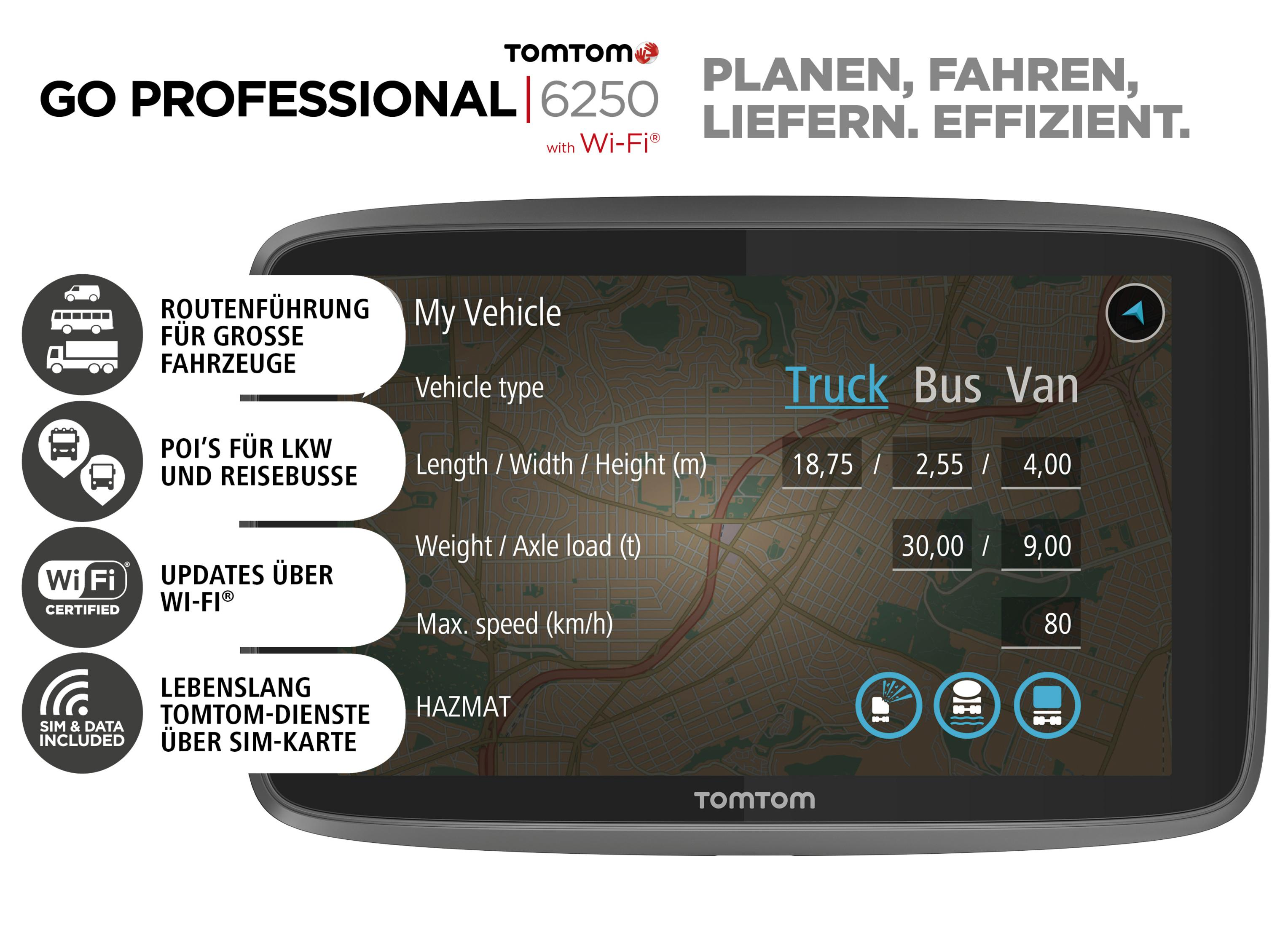 TomTom GO PROFESSIONAL 6250: Fahrzeugdaten wie Größe, Gewicht, Geschwindigkeit. Routenführung für LKW.