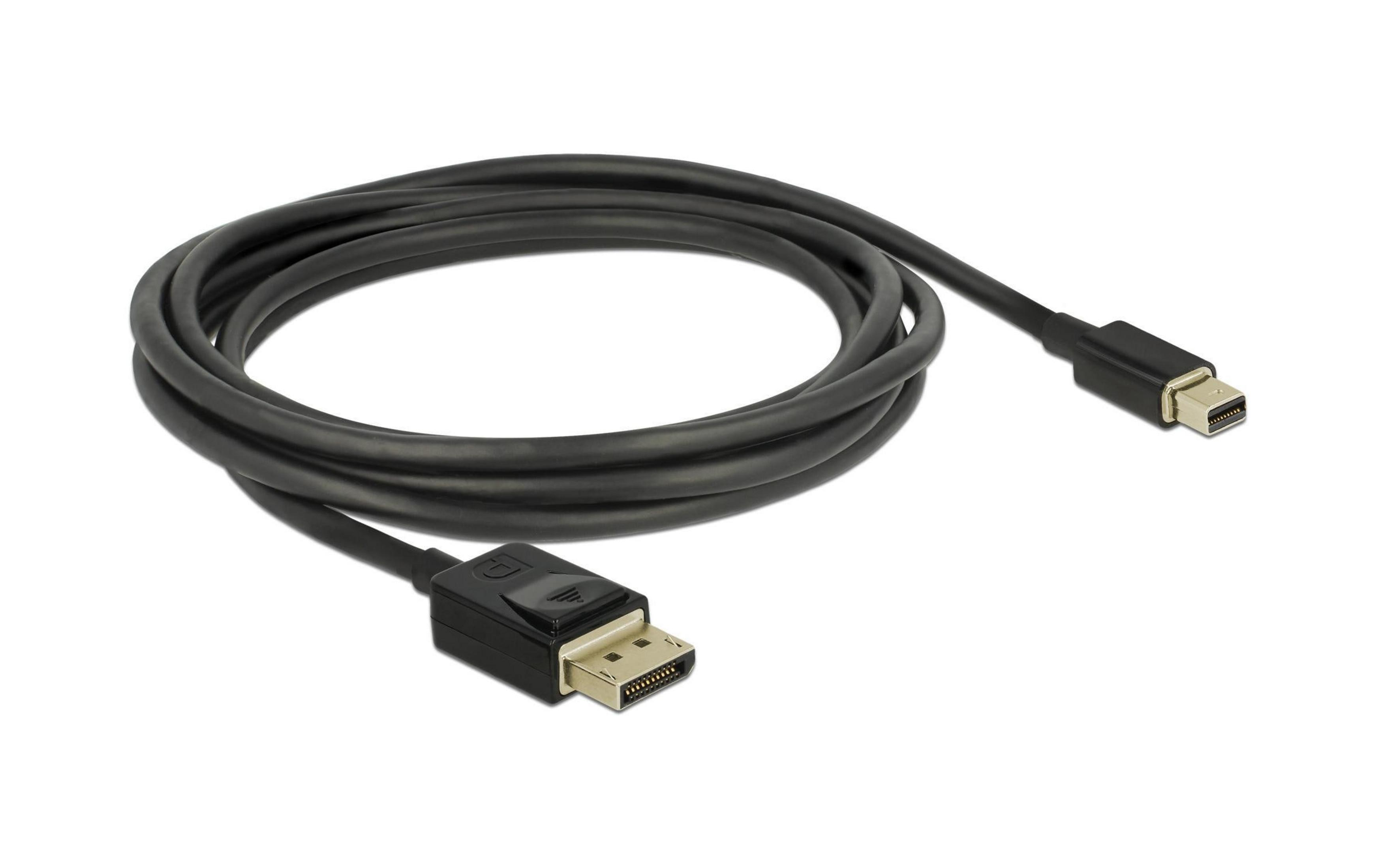 Schwarzes Kabel mit DisplayPort- und Mini-DisplayPort-Anschlüssen, auf weißem Hintergrund.