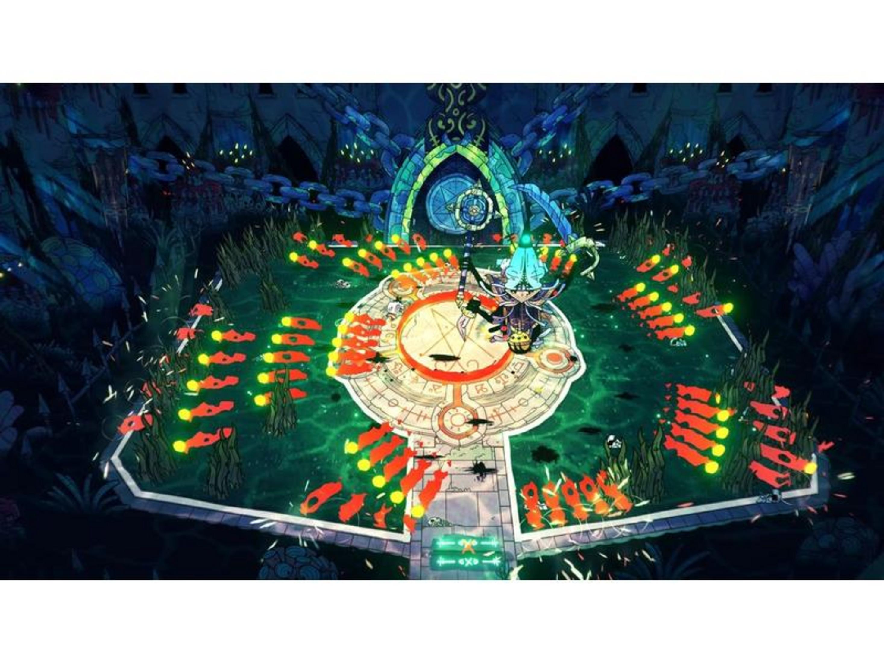 Eine dunkle Fantasy-Szene mit einem kreisförmigen Altar und vielen kleinen roten Figuren.