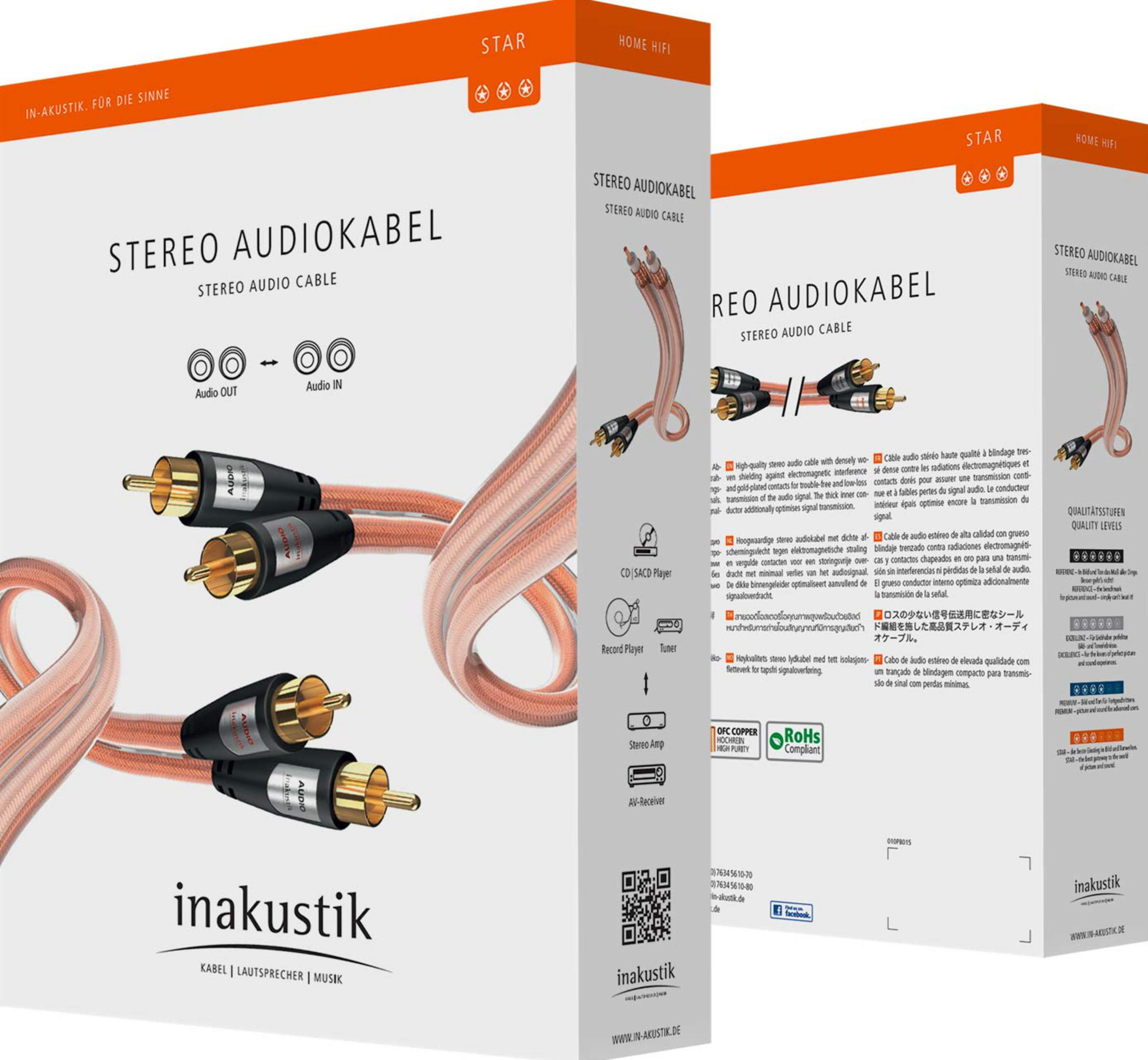 Stereo Audiokabel mit goldenen Anschlüssen, auf weißem Karton mit Text.