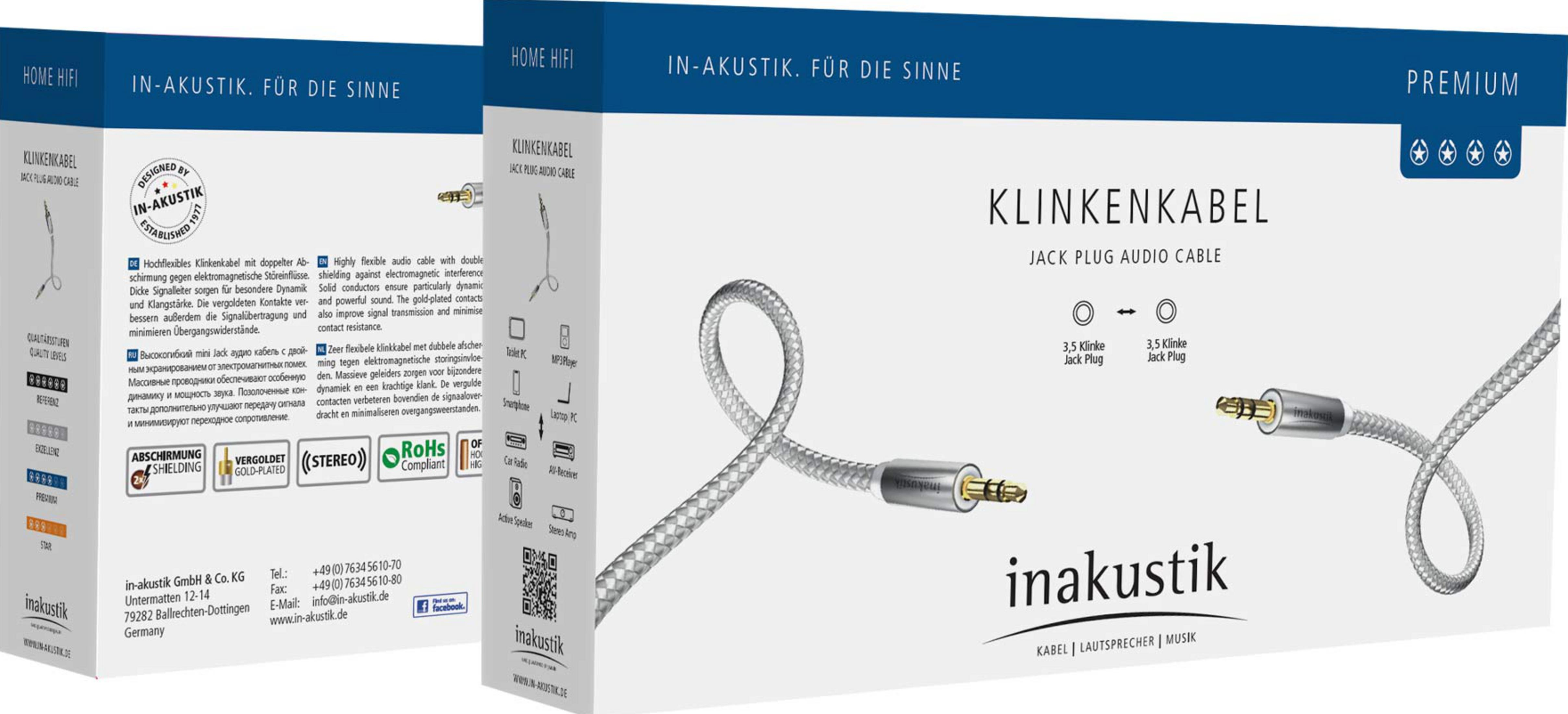 Inakustik Klinkenkabel mit vergoldeten Steckern und flexibler Abschirmung.