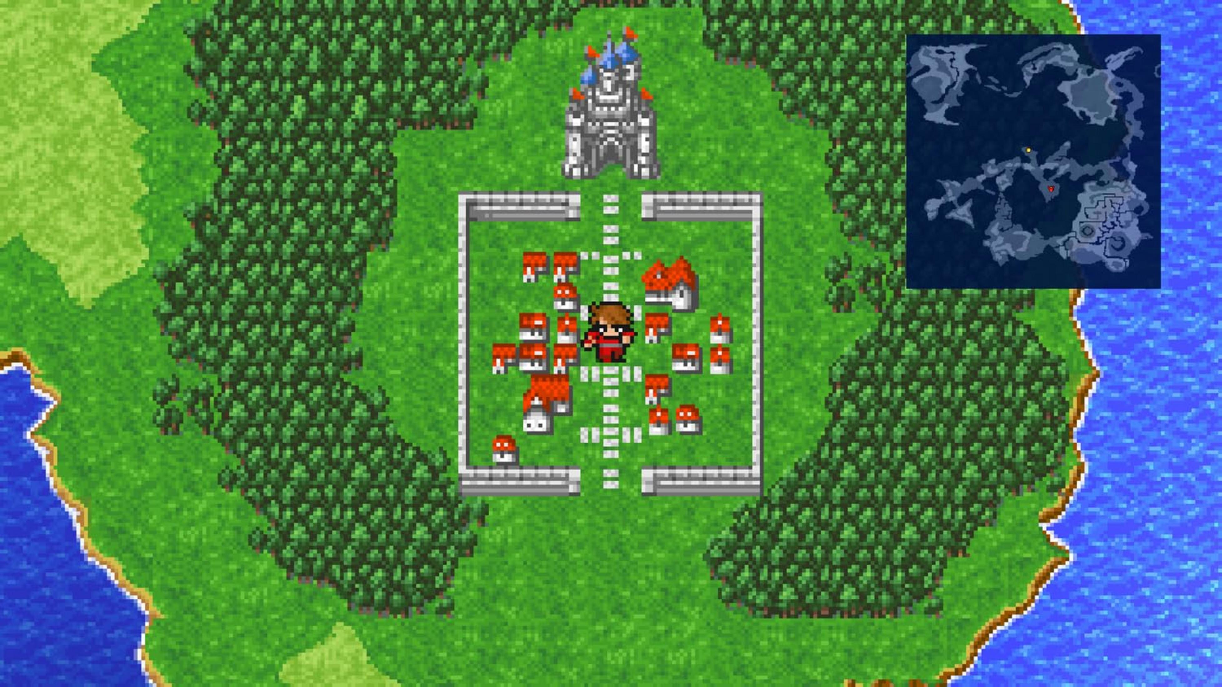 Pixel-Dorf mit Burgruine, Wald und Karte im Wasser.