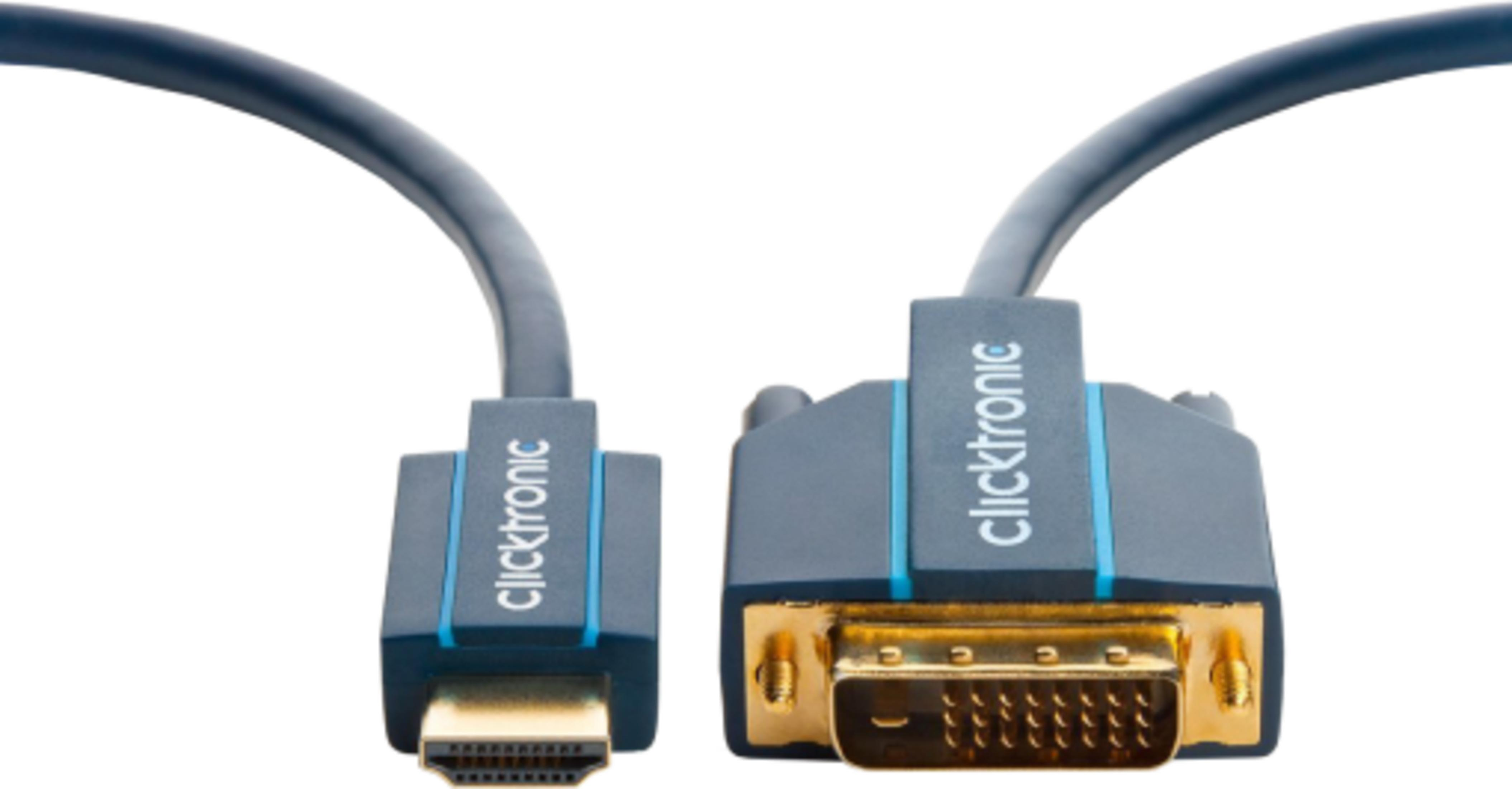 Un conector HDMI y un DVI con detalles azules y logo sobre fondo blanco.