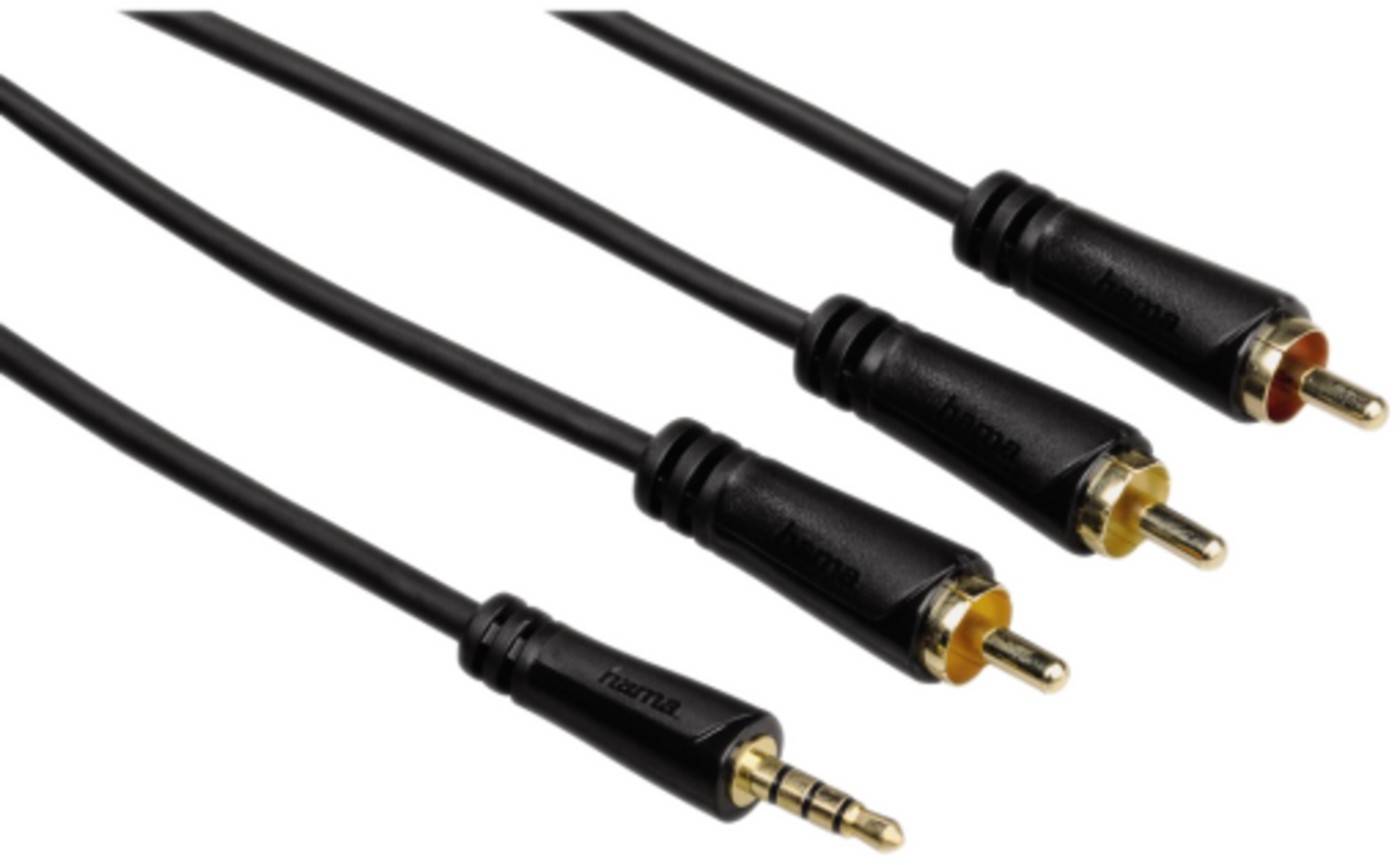 Drei schwarze Kabel mit RCA- und 3,5-mm-Steckern.