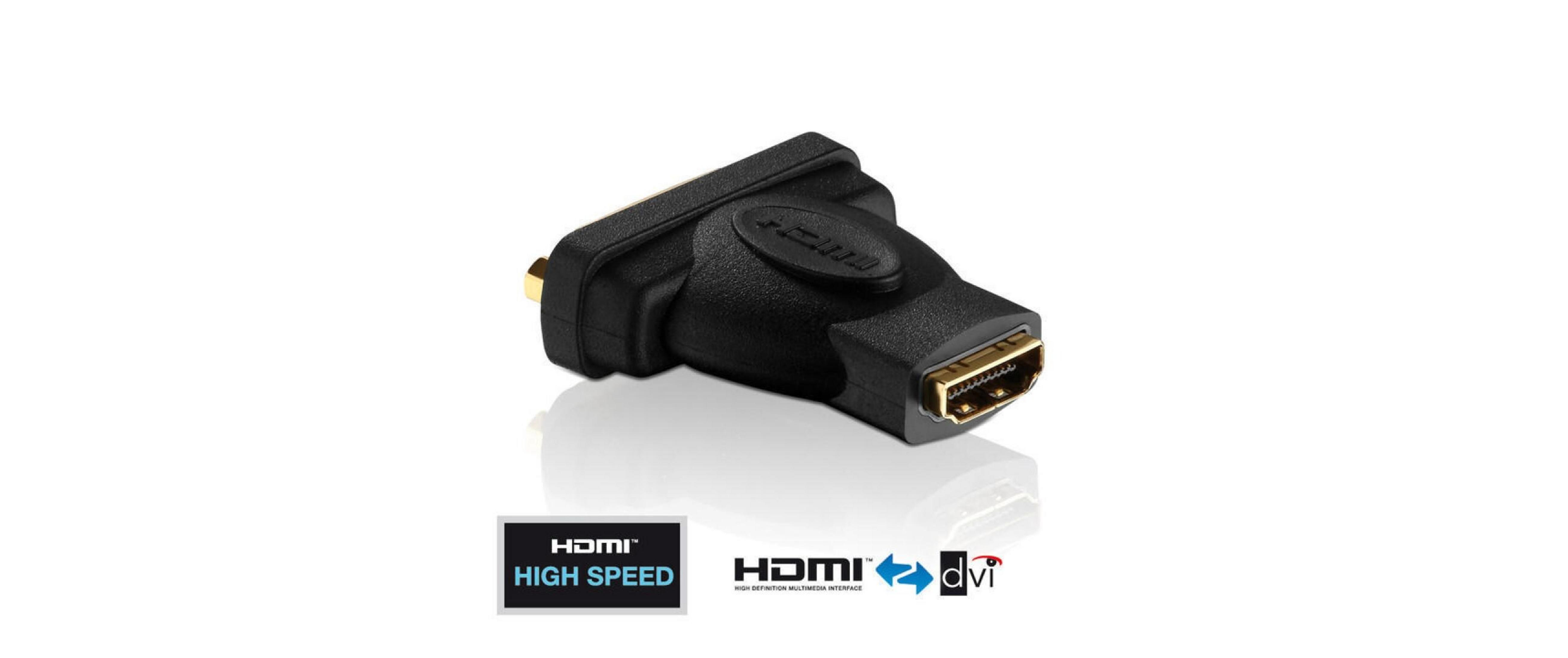 Un adattatore HDMI a DVI nero con connettori dorati.
