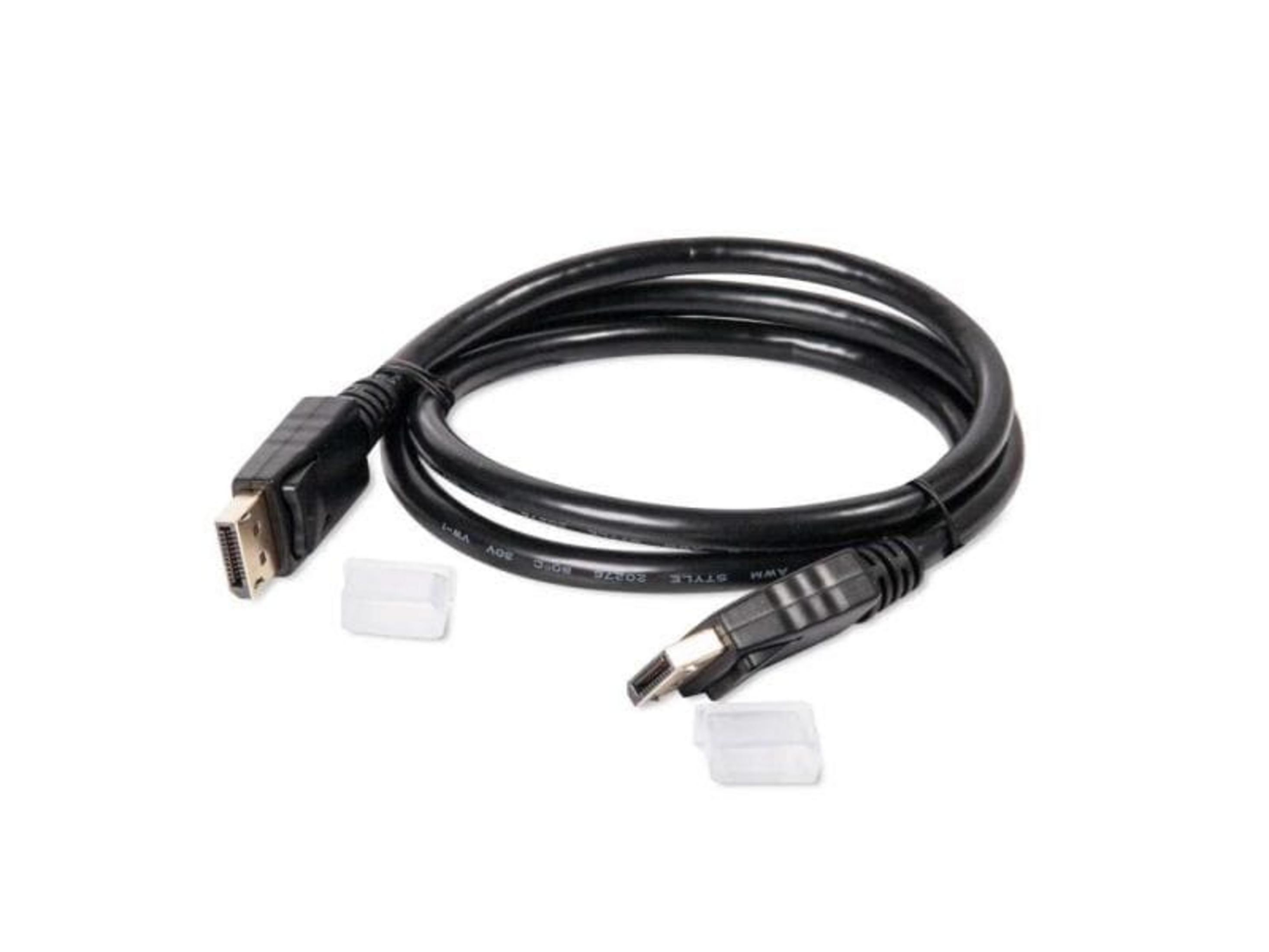 Un câble HDMI noir avec deux capuchons de protection transparents.