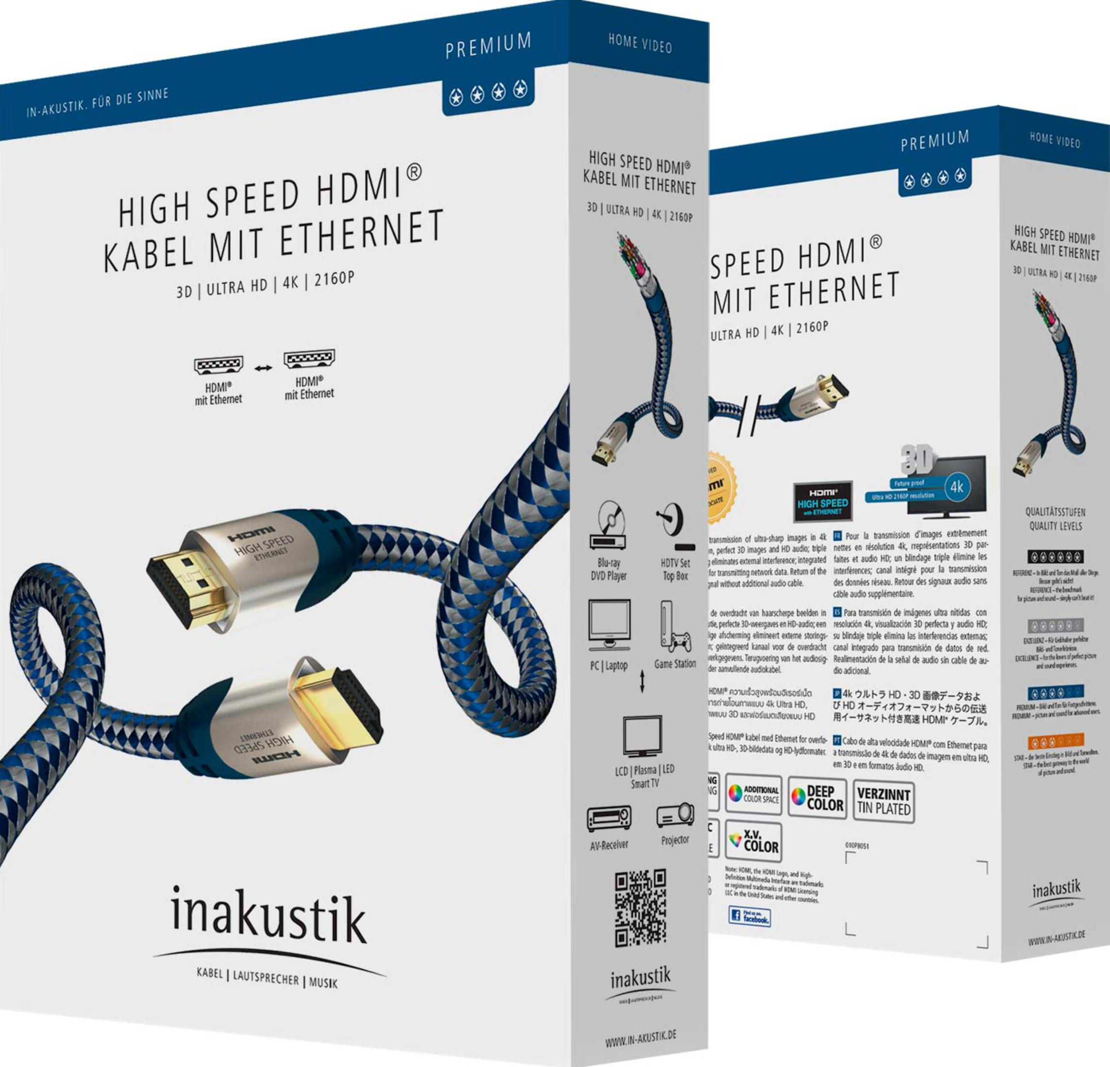 Inakustik High Speed HDMI Kabel mit Ethernet. 4K, 3D, Ultra HD.