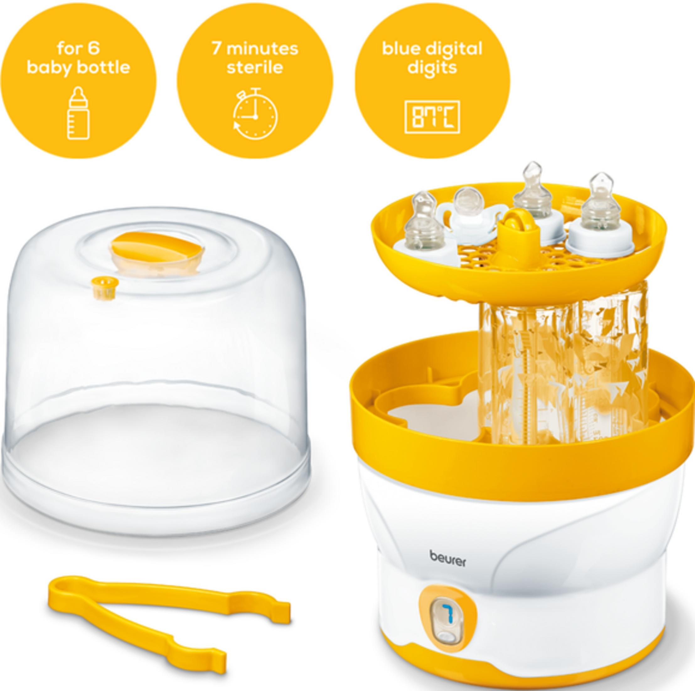 Ein gelber und weißer Sterilisator für Babyflaschen mit Zubehör.