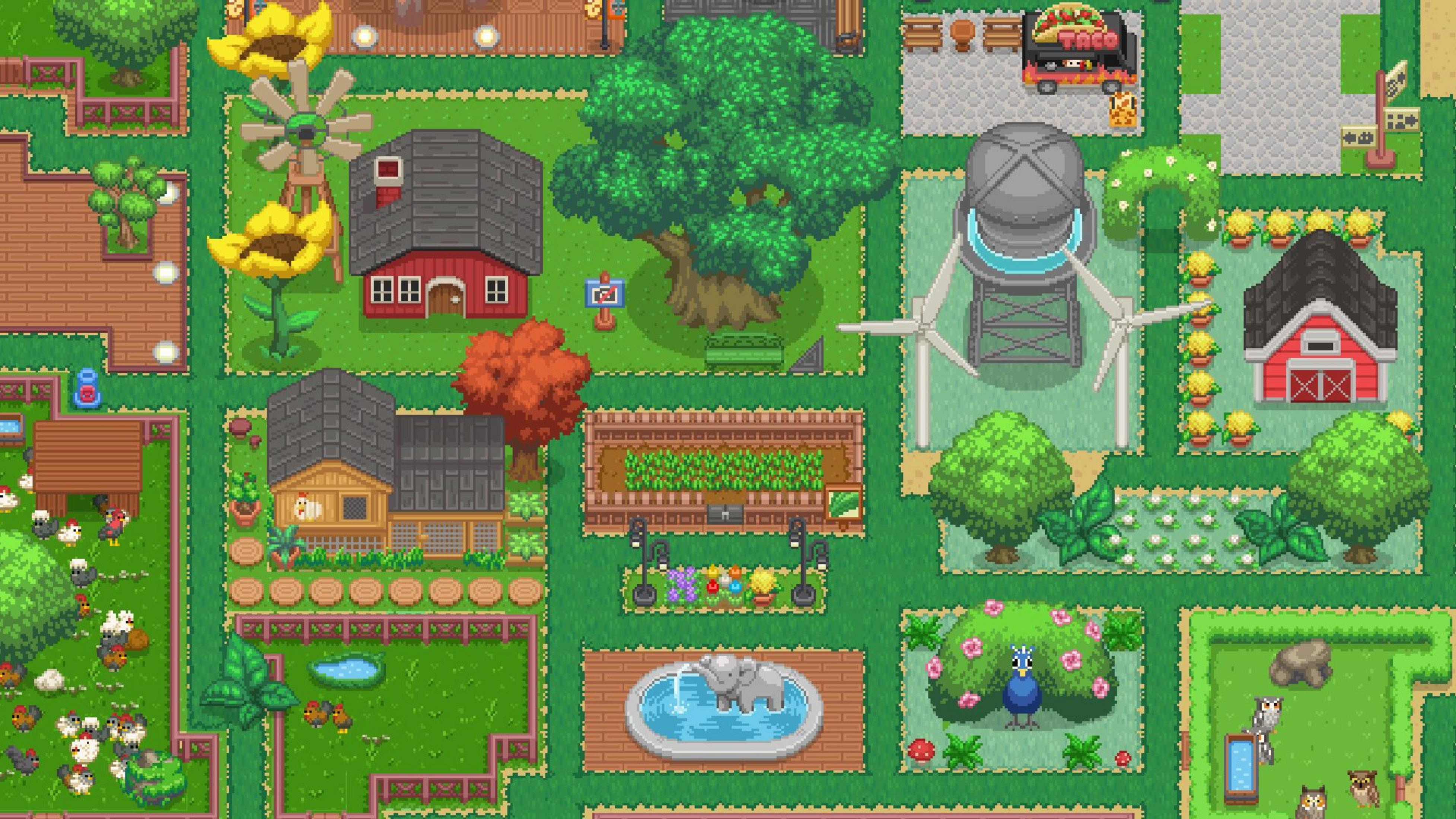 Ein Pixel-Art-Bauernhof mit Häusern, Windmühlen, Hühnern, einem Pfau und einem Elefantenbrunnen.