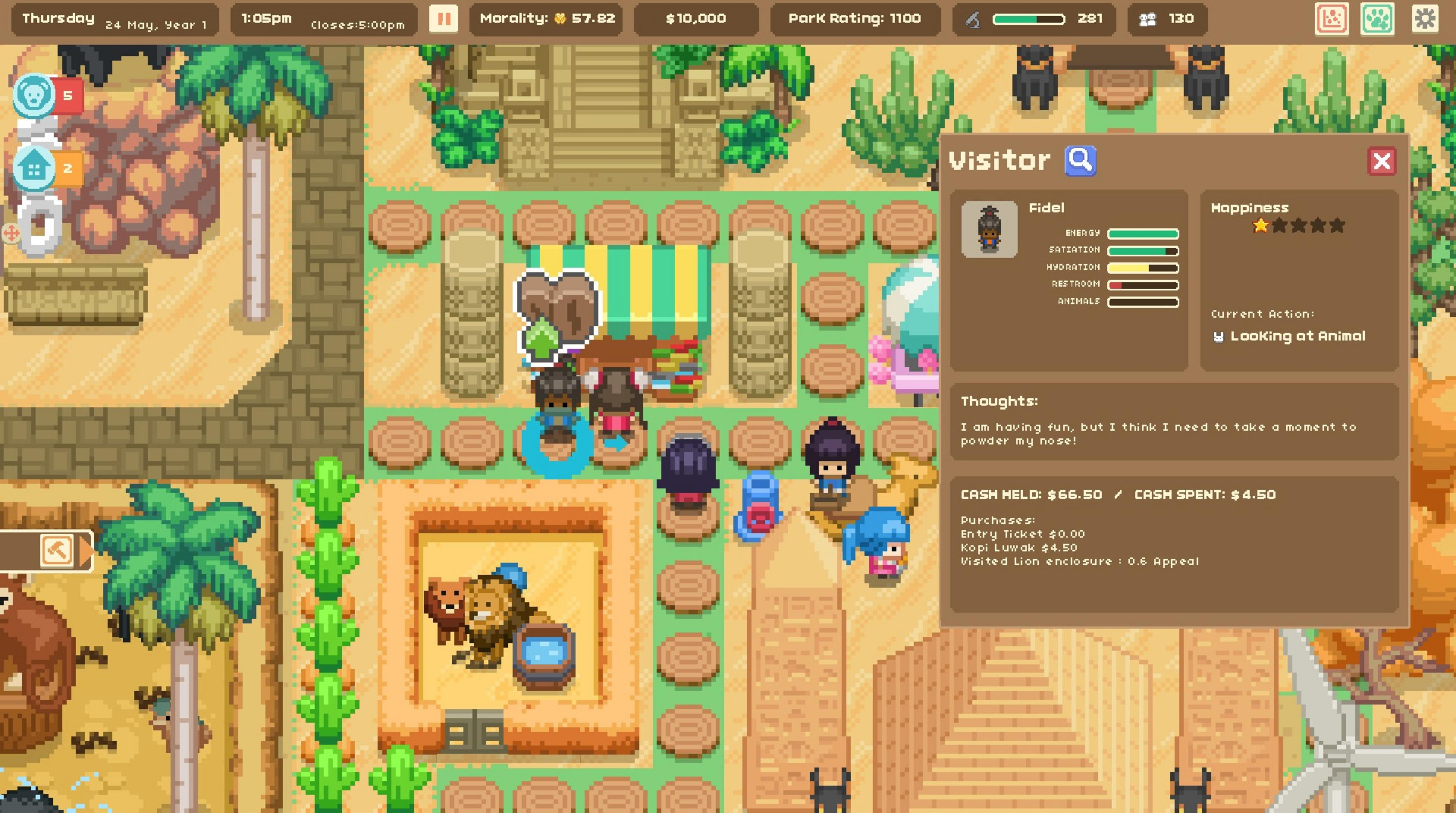 Pixel-Zoo mit Besucherinfo: Löwen, Palmen, Pyramiden, Besucher Fidel.