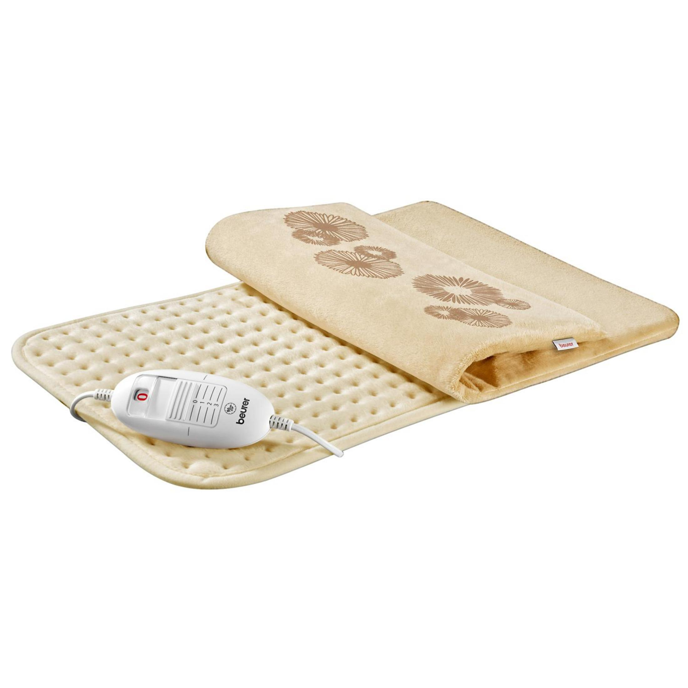 Almohadilla térmica beige con estampado floral y mando blanco.