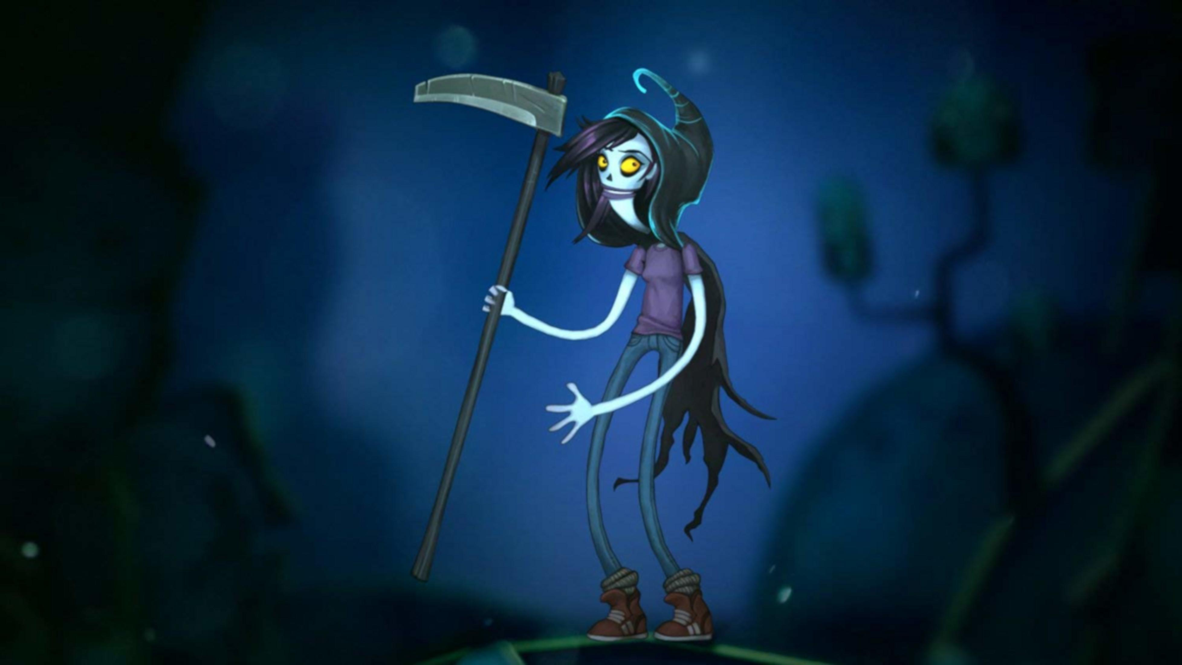 Grim Reaper mit Sense und Kapuze auf blauem Hintergrund.