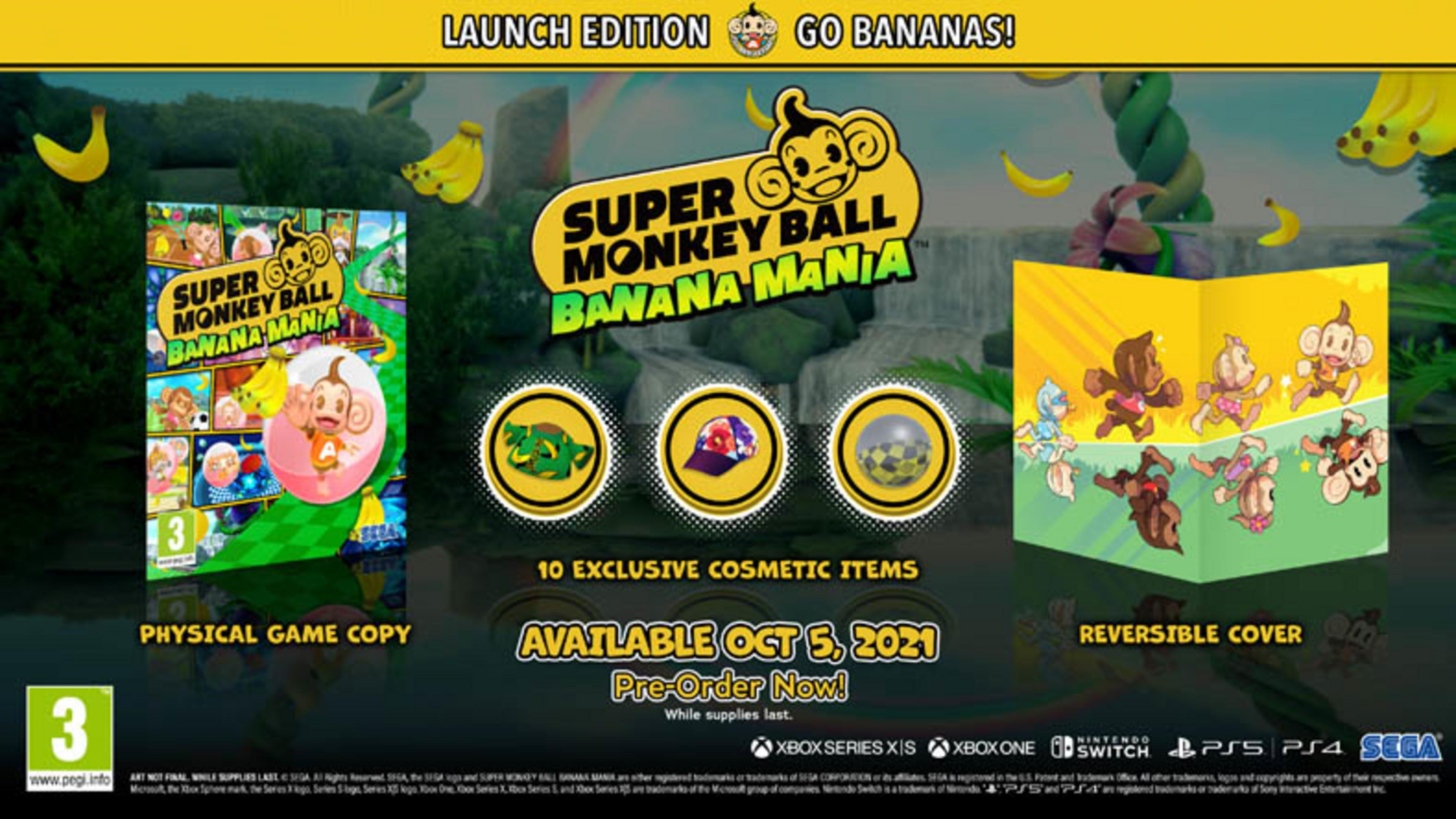 Okładka gry Super Monkey Ball: Banana Mania i odwracana okładka z małpami.