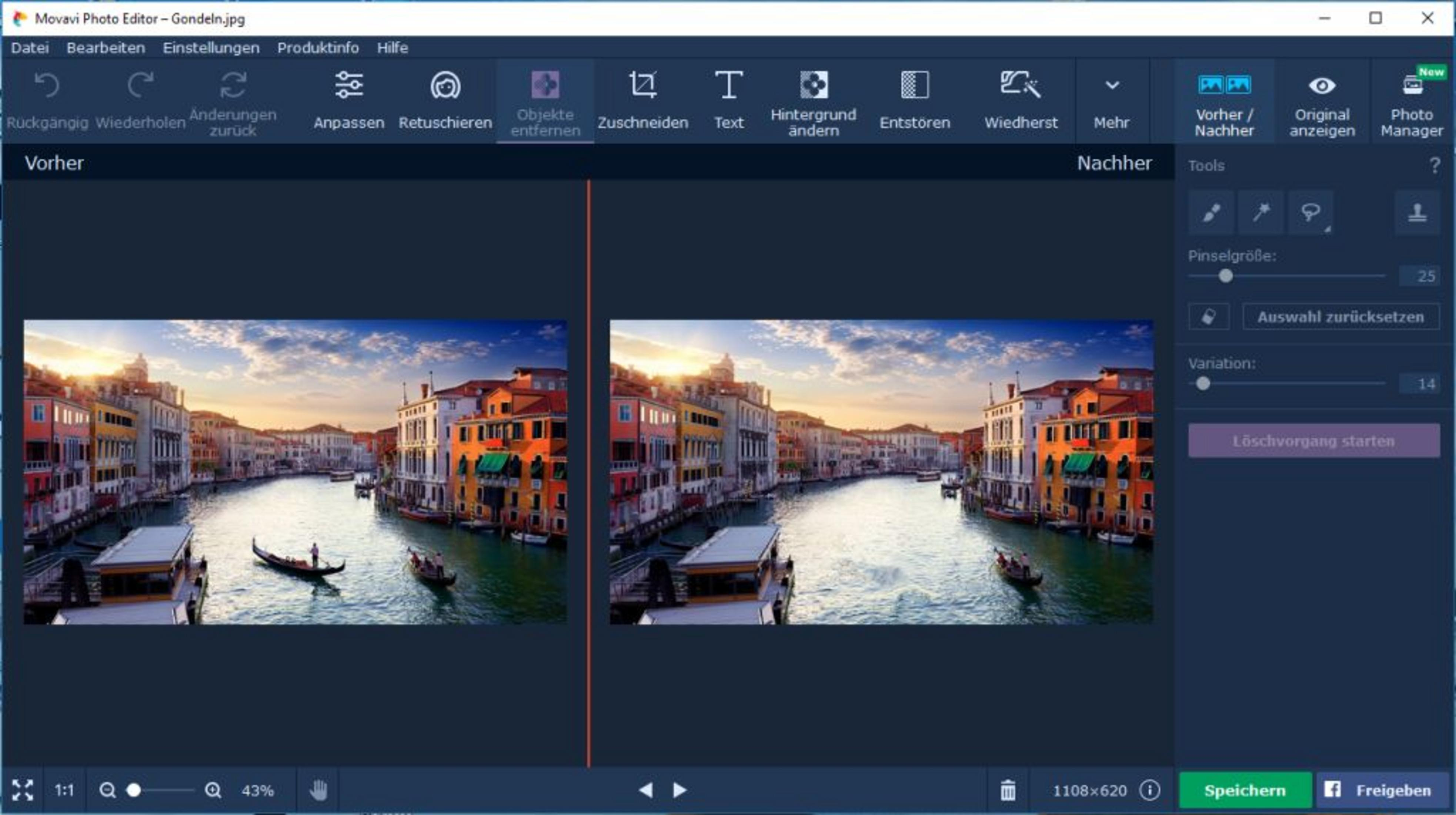 Venedig Kanal mit Gondeln und Gebäuden, Software-Oberfläche im Vordergrund.