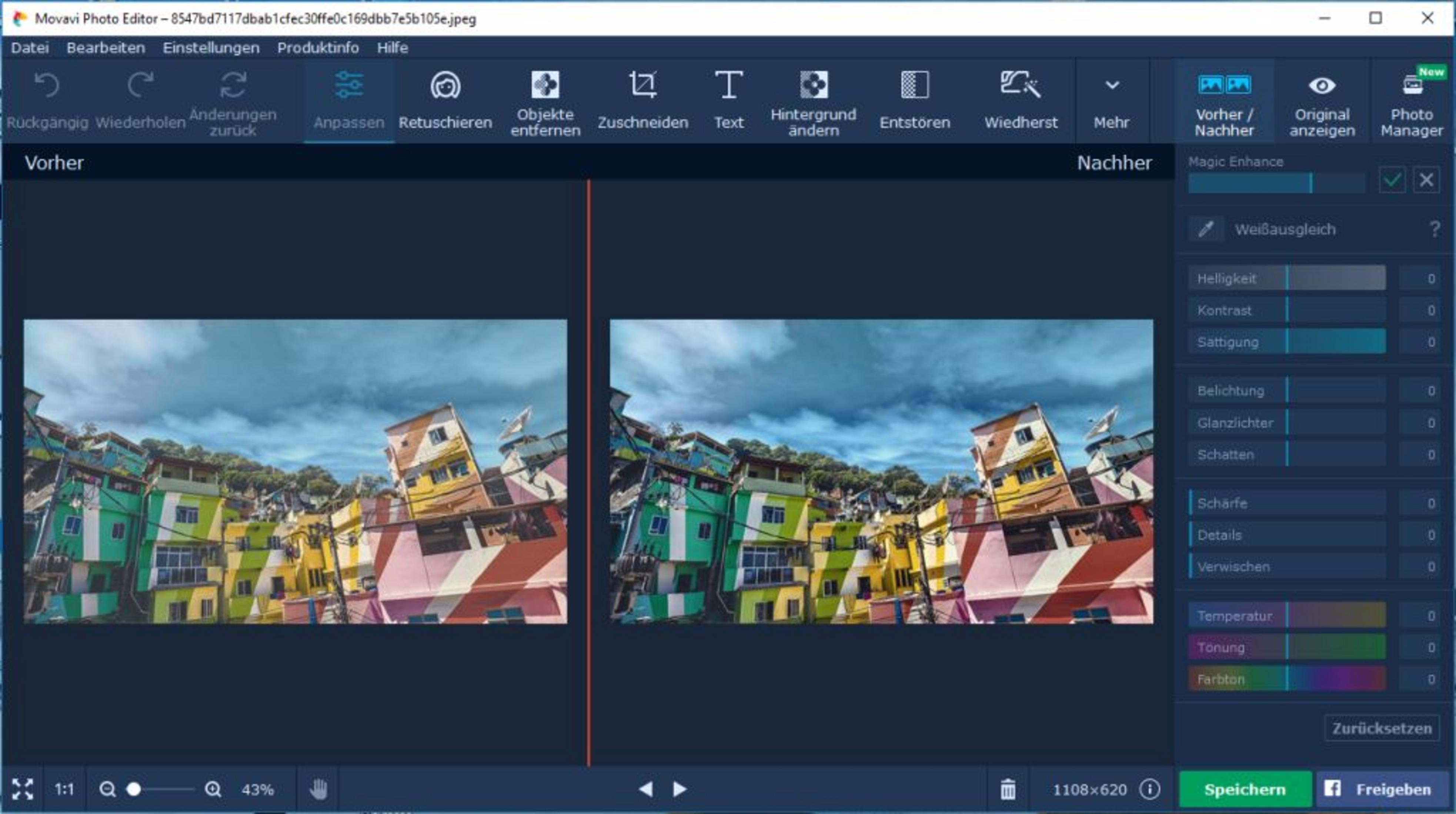 Zwei Bilder von bunten Häusern nebeneinander, bearbeitet in Movavi Photo Editor.