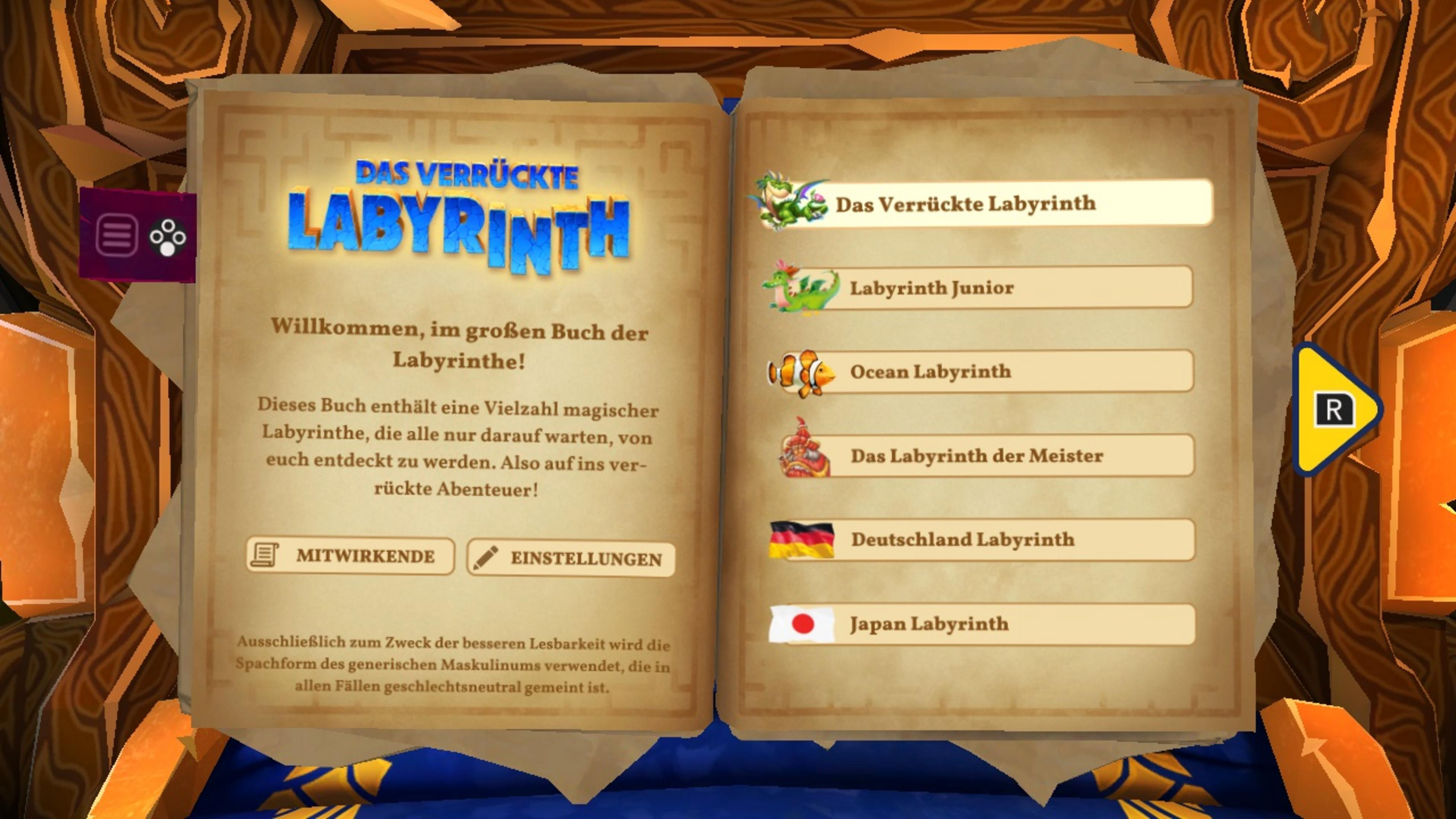 Ein Spielmenü zeigt Titel, Einleitungsinfo und Labyrinth-Optionen.