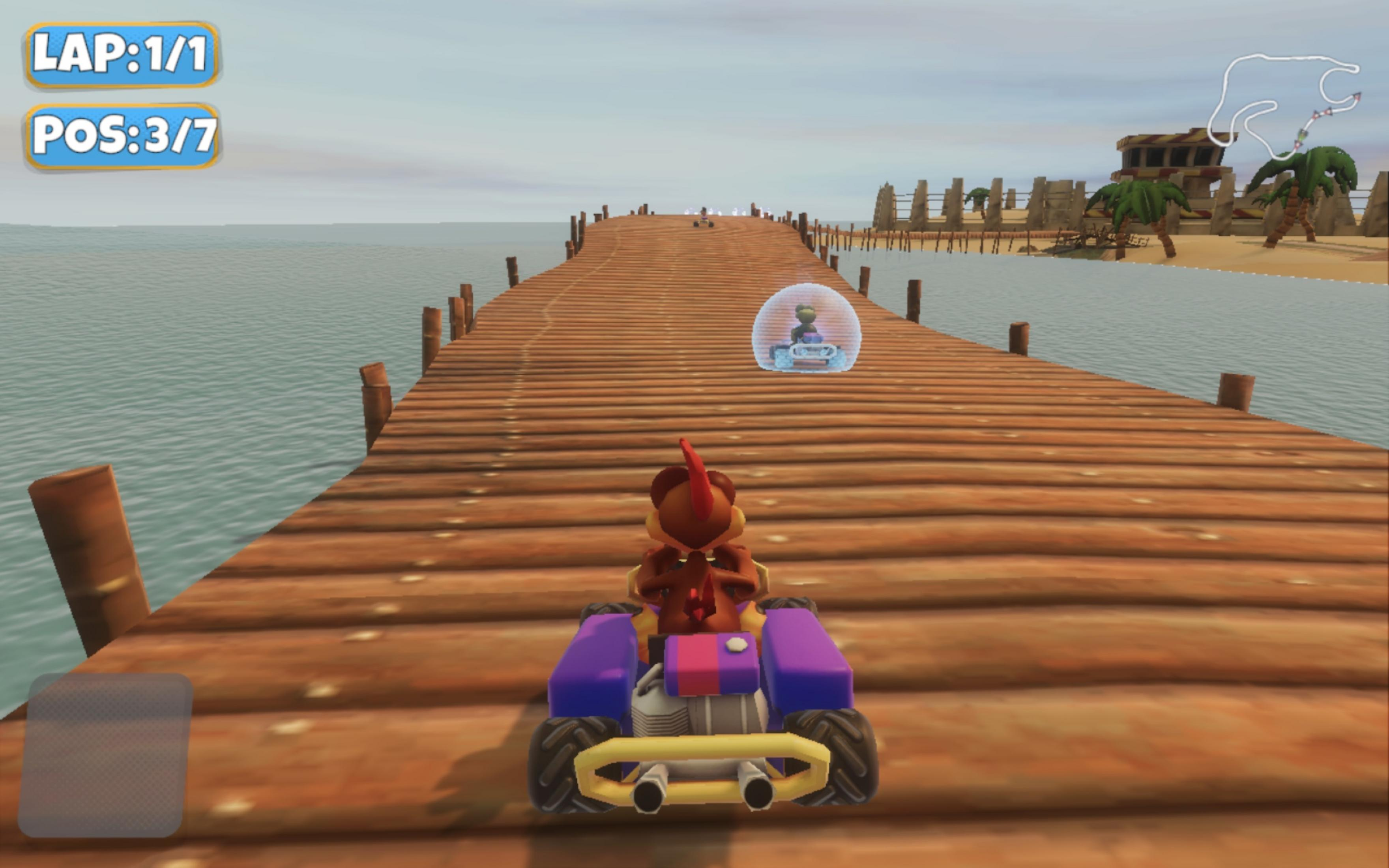 Ein Kartfahrer auf einer Holzbrücke über Wasser, eine Rennstrecke im Hintergrund.