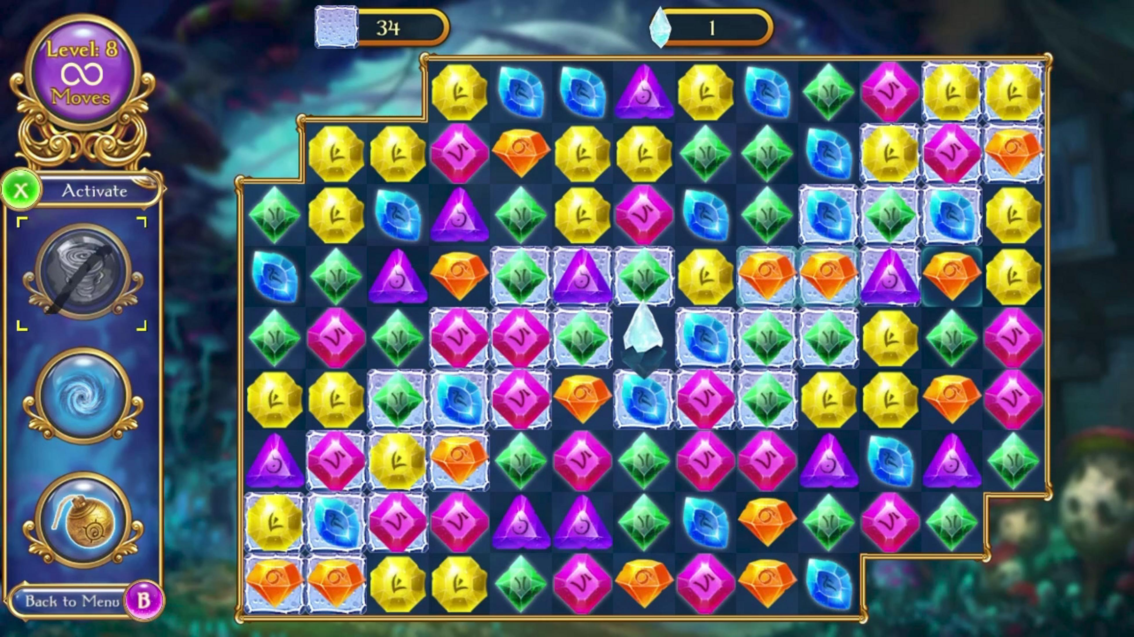 Spielbrett mit bunten Edelsteinen, Level 8, 34 Züge, 1 Spezialstein.
