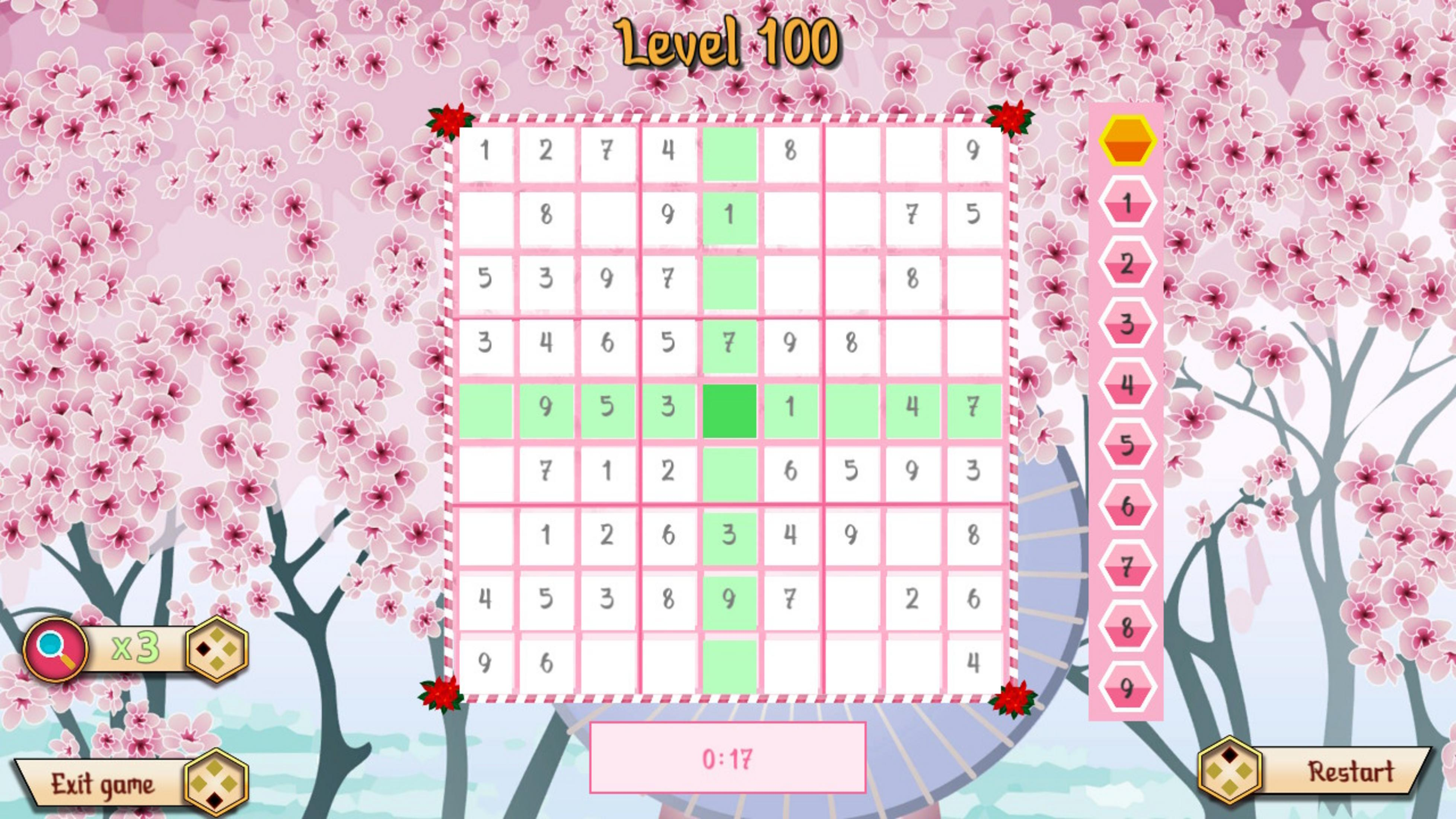 Sudoku-Spiel Level 100 mit Kirschblüten-Thema, Zahlen sind angezeigt.