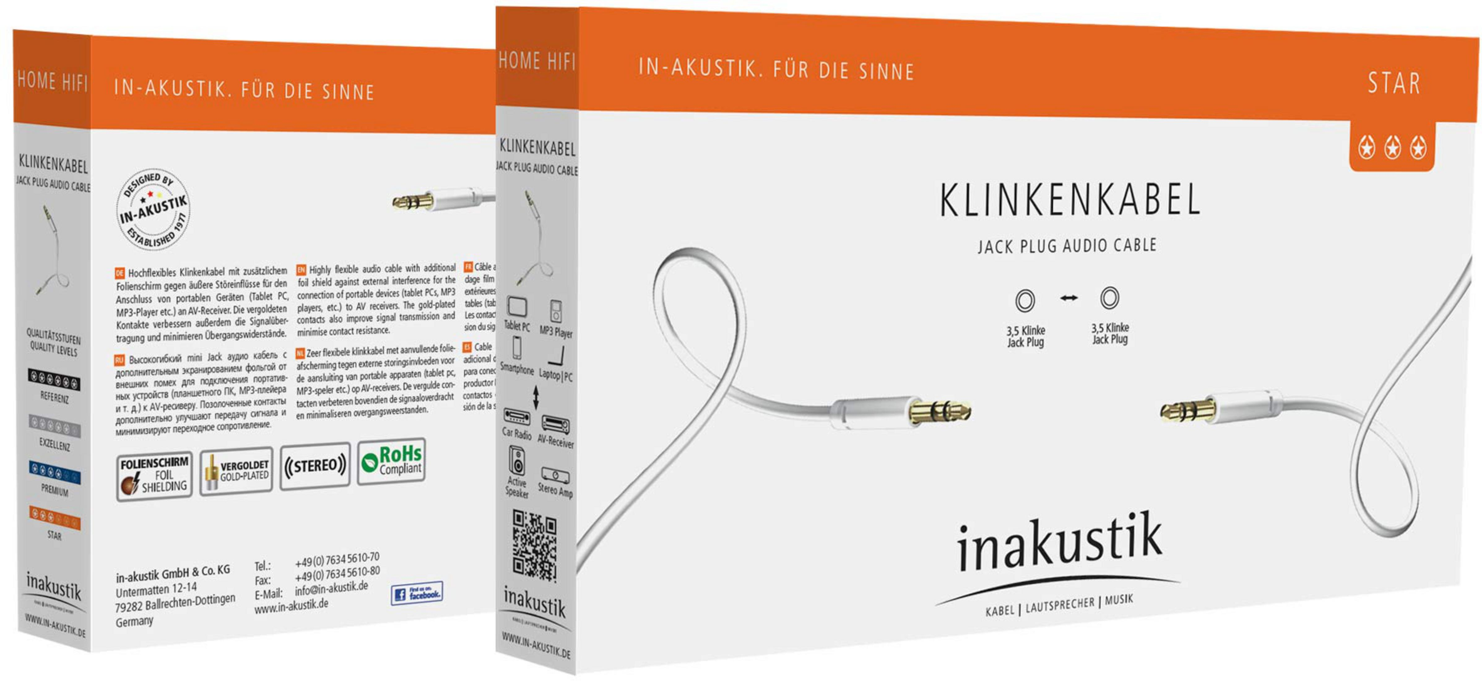 In-Akustik Klinkenkabel mit vergoldeten Kontakten und Folienschirm.