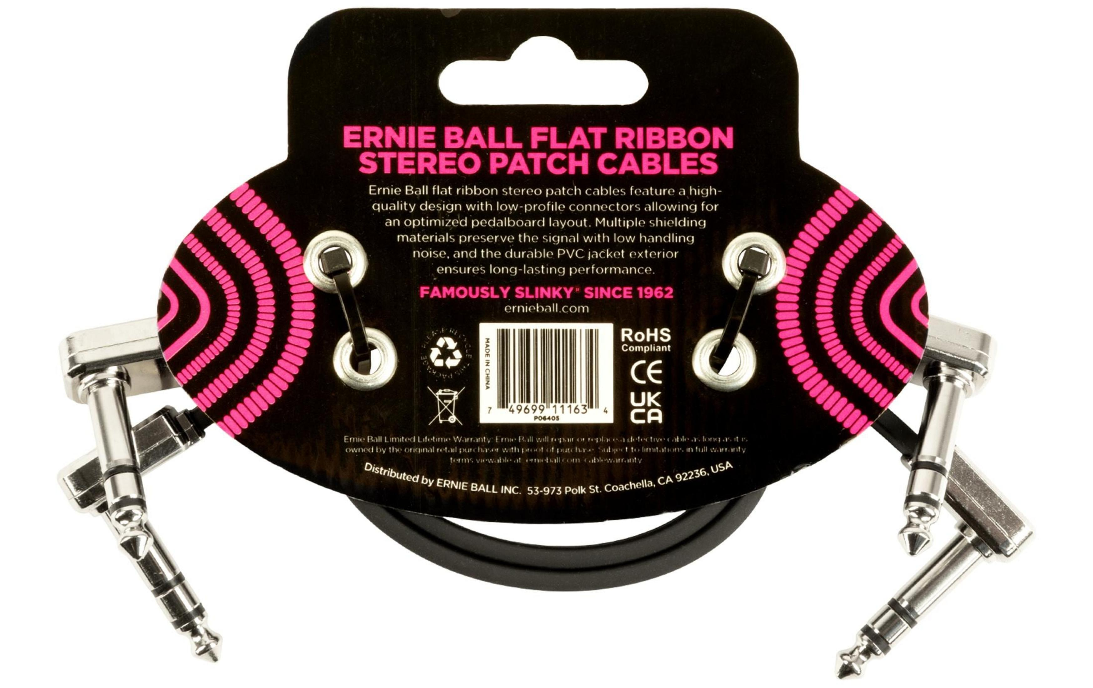 Ernie Ball Flat Ribbon Stereo Patch Kabel mit zwei abgewinkelten Klinkensteckern.