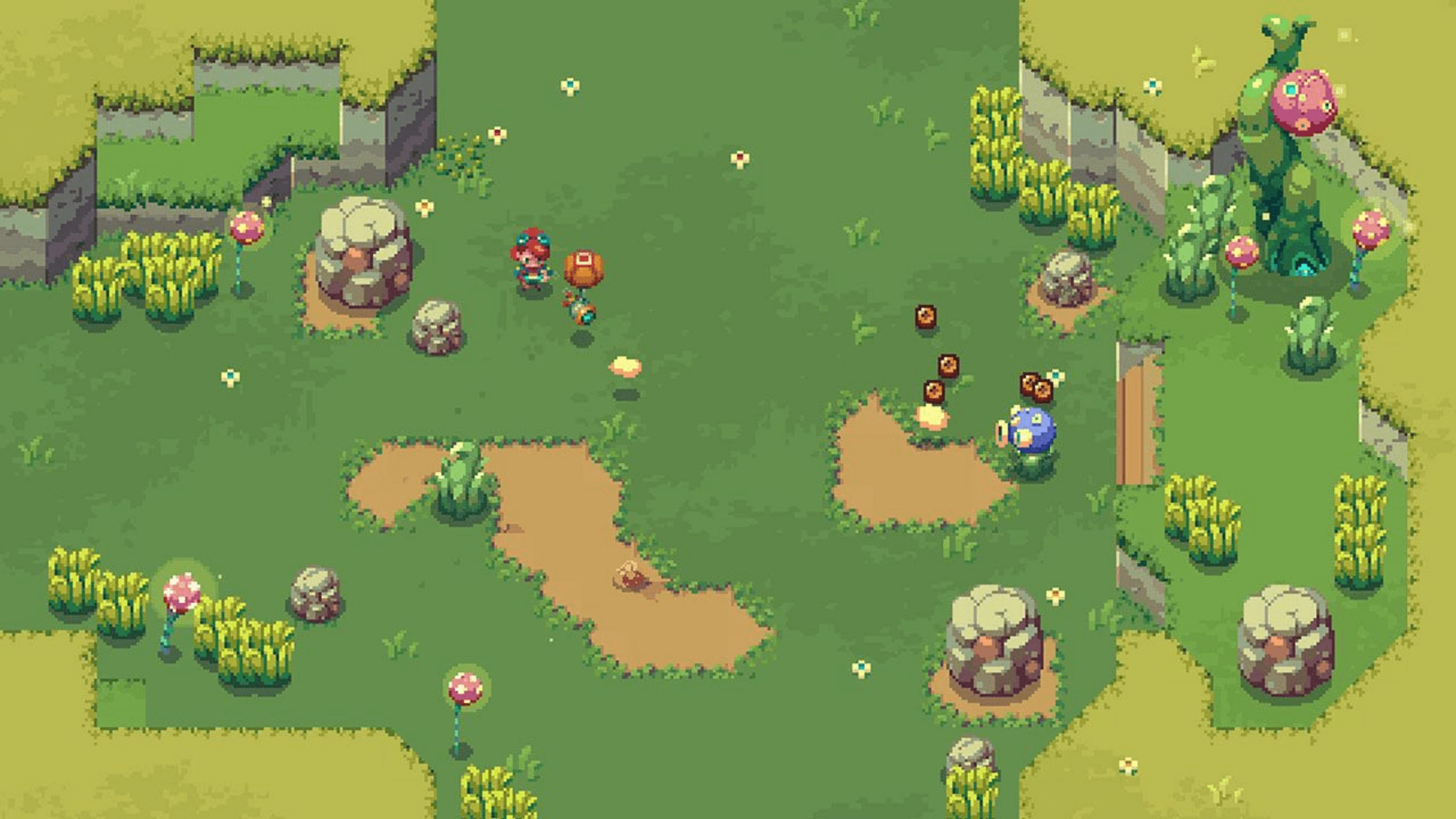 Pixel-Art-Spielwelt mit Charakteren, Pilzen und Felsen.